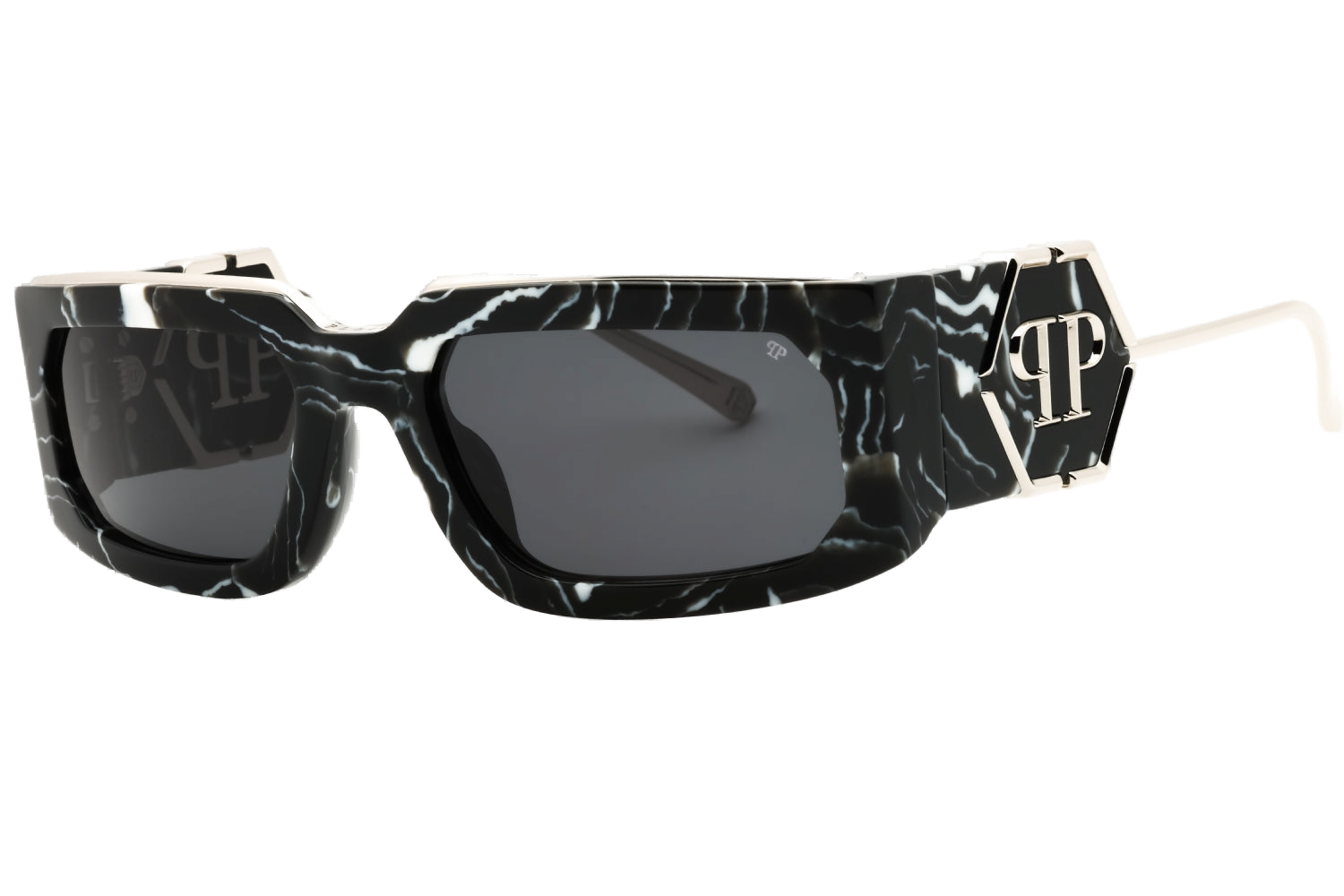 Philipp Plein SPP119M Marble-Textured Rectangular Sunglasses — Black