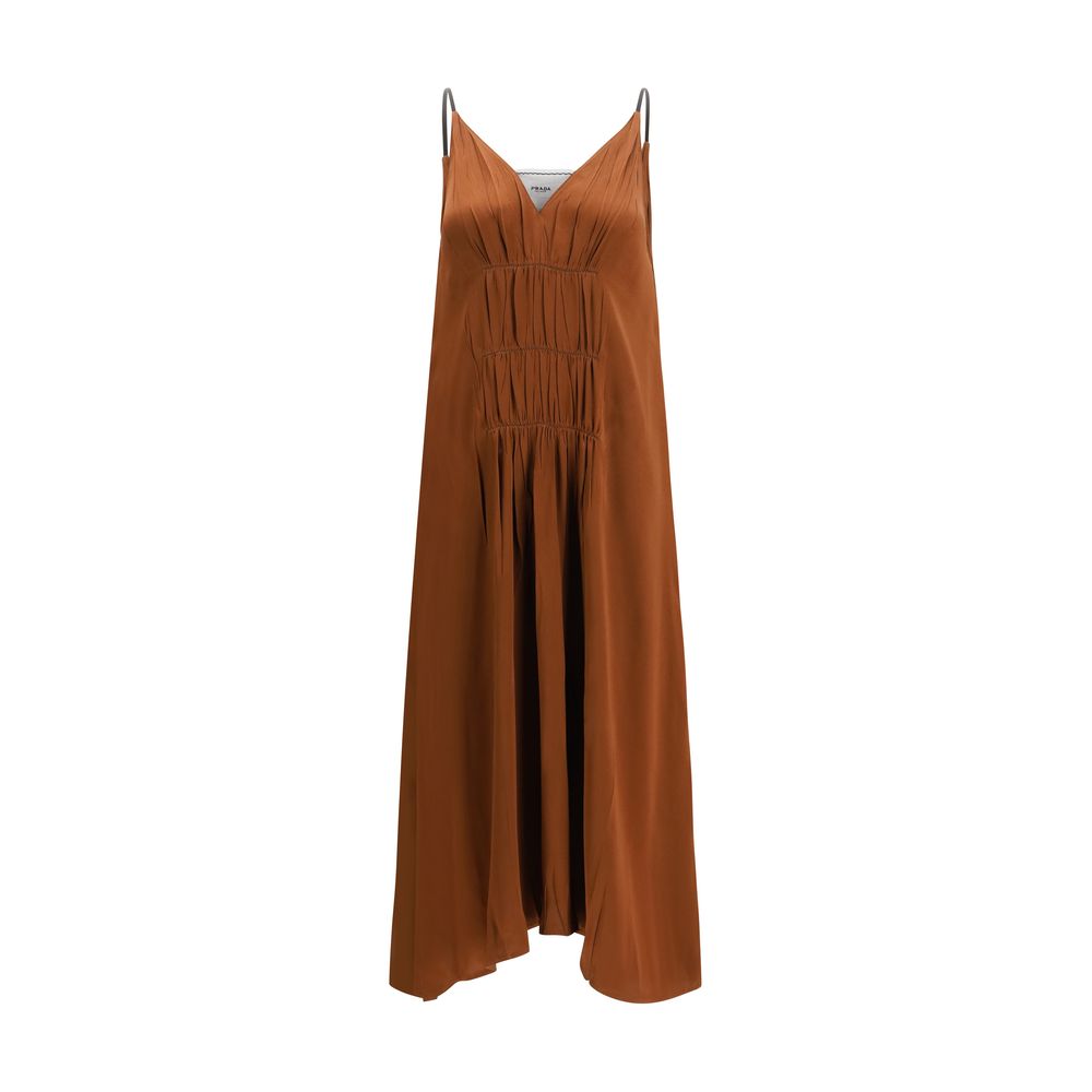 Prada V-Neck Acetate Dress — Brown