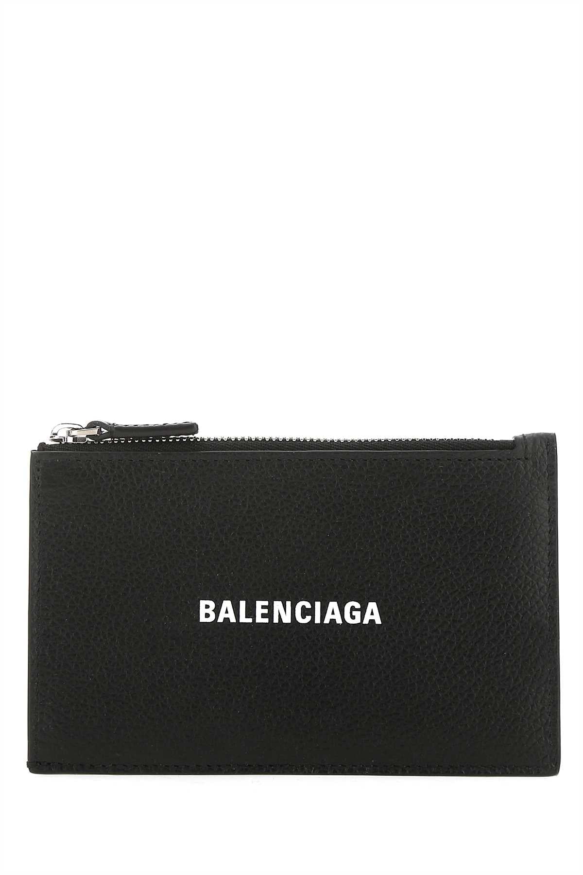 Balenciaga Logo Embossed Leather Card Case — Black