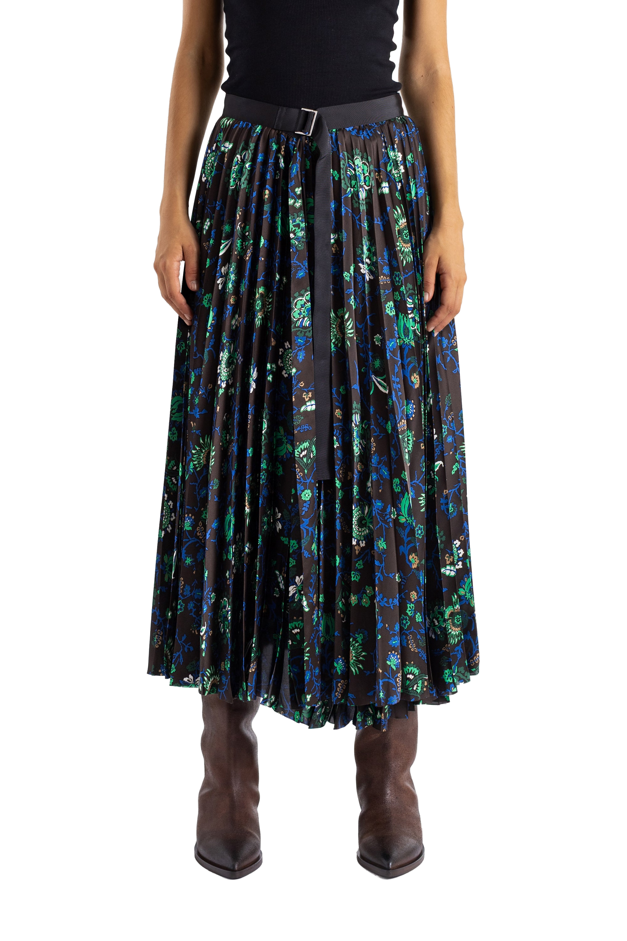 Sacai Pleated Floral Print Skirt — Brown