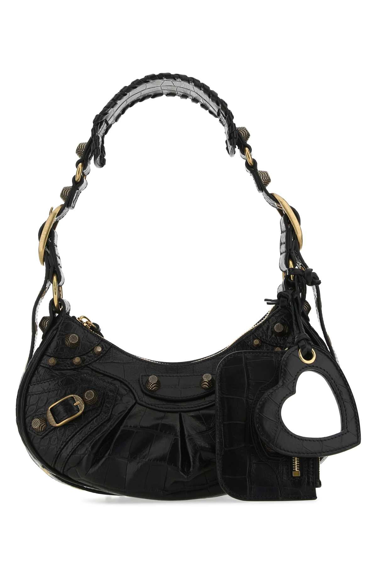 Balenciaga Crocodile-Embossed Calf Leather Shoulder Bag — Black