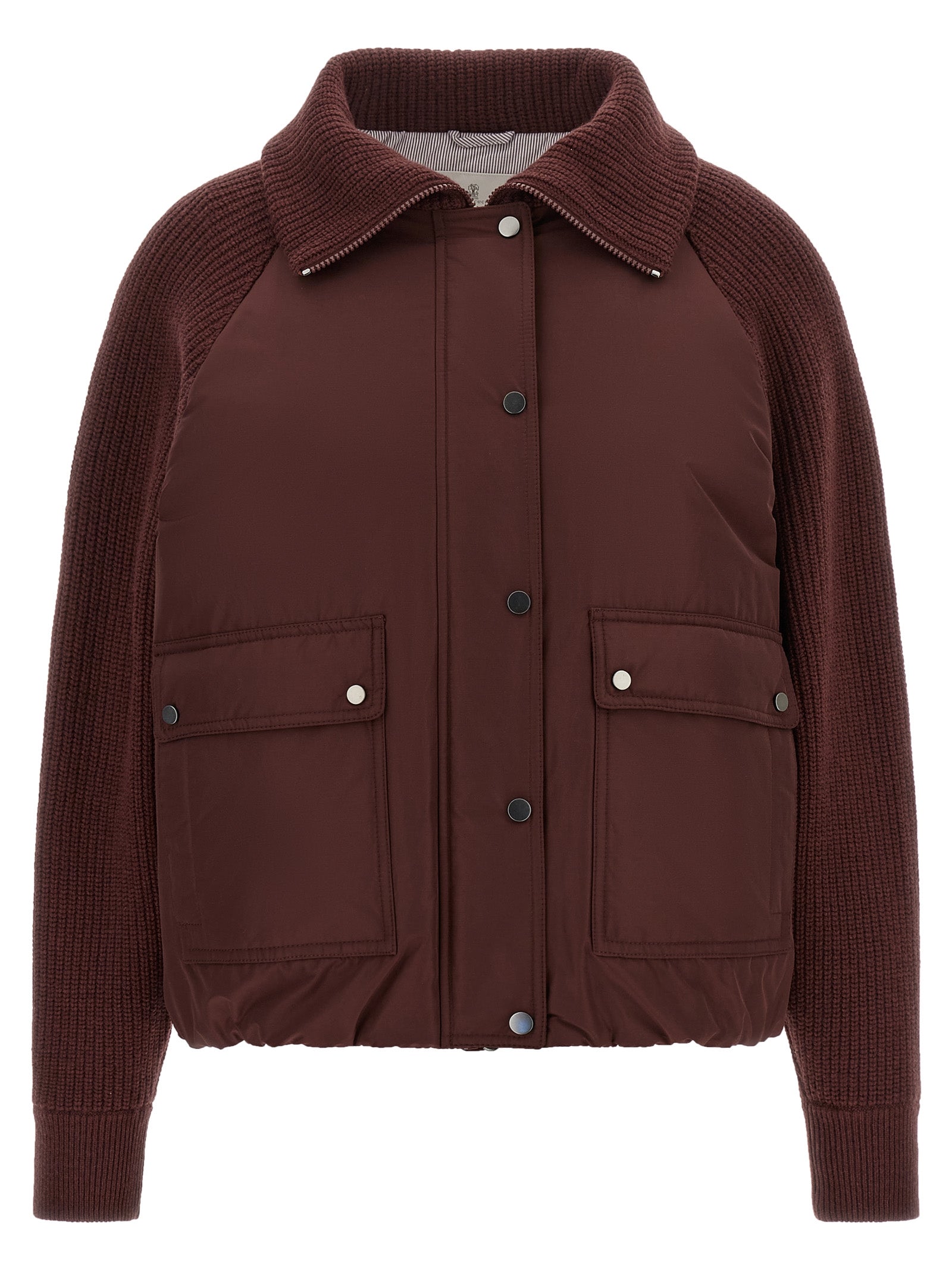 Brunello Cucinelli Wool-Cashmere Ribbed Knit Sleeves Jacket — Brown