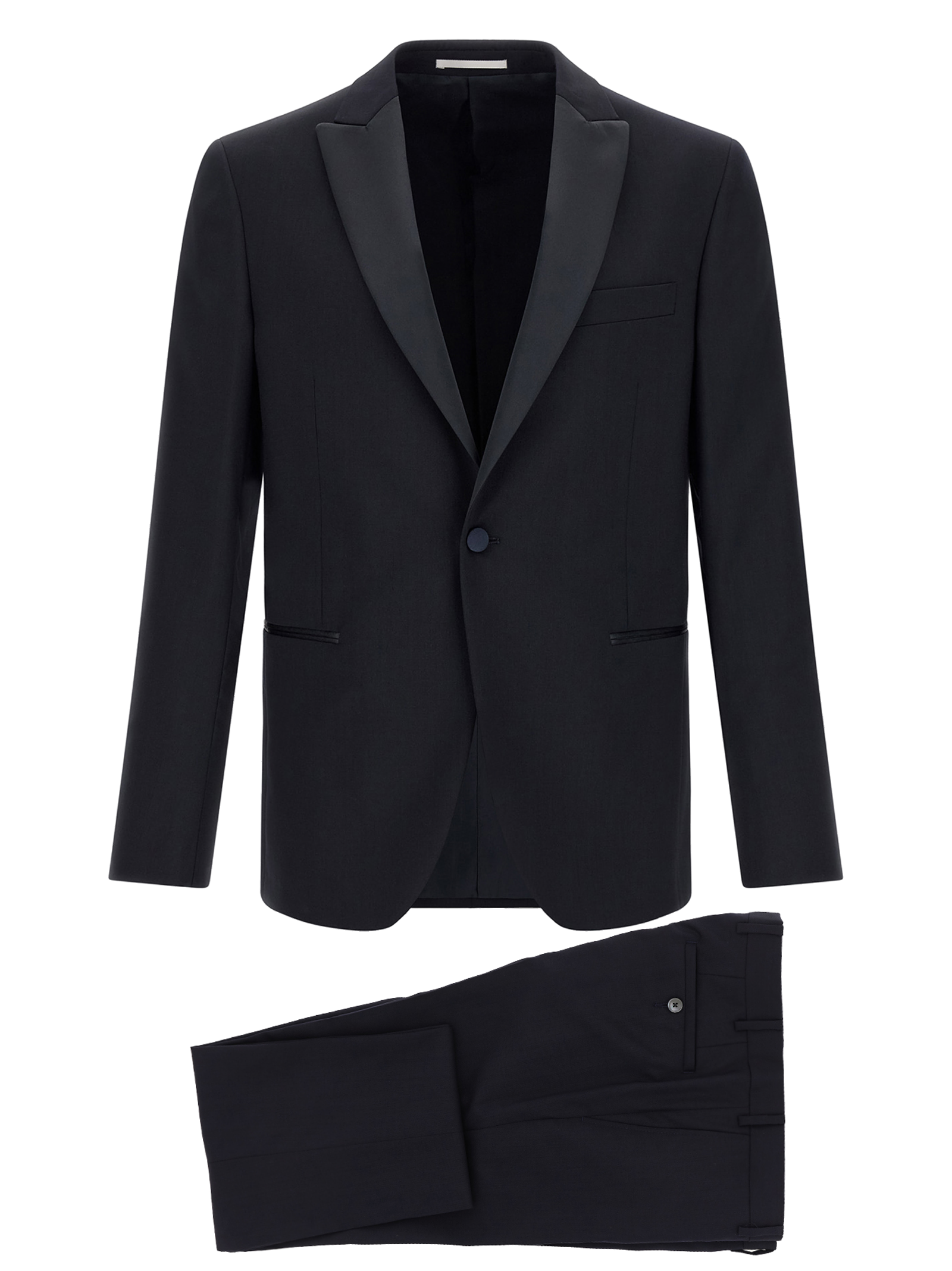 Pal Zileri Satin Peak Lapel Wool Pant Suit — Black
