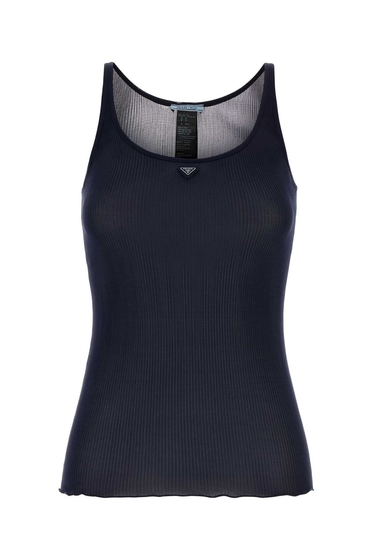 Prada Silk Ribbed Tank Top — Navy