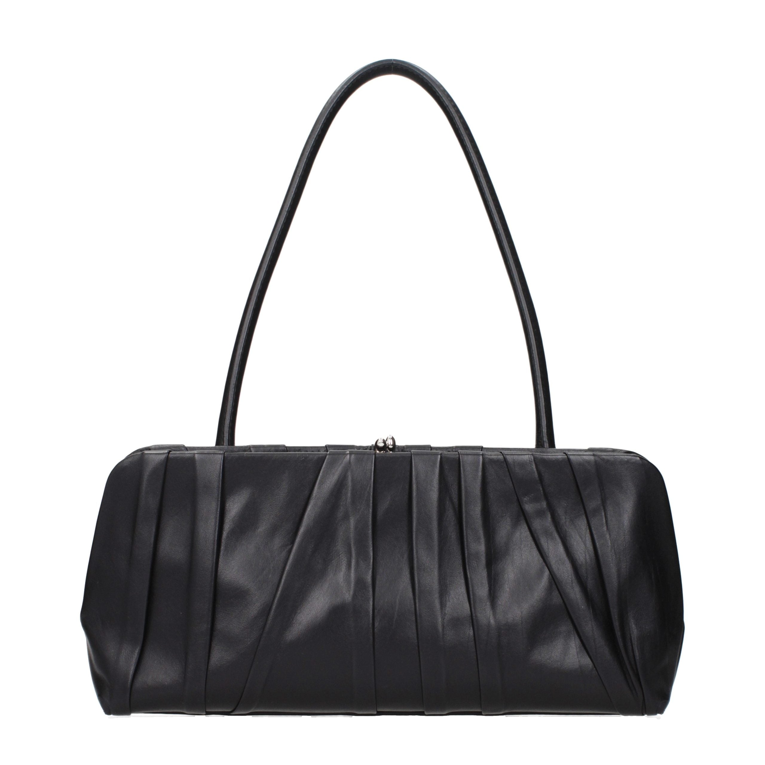 Jil Sander Ruched Leather Shoulder Bag — Black