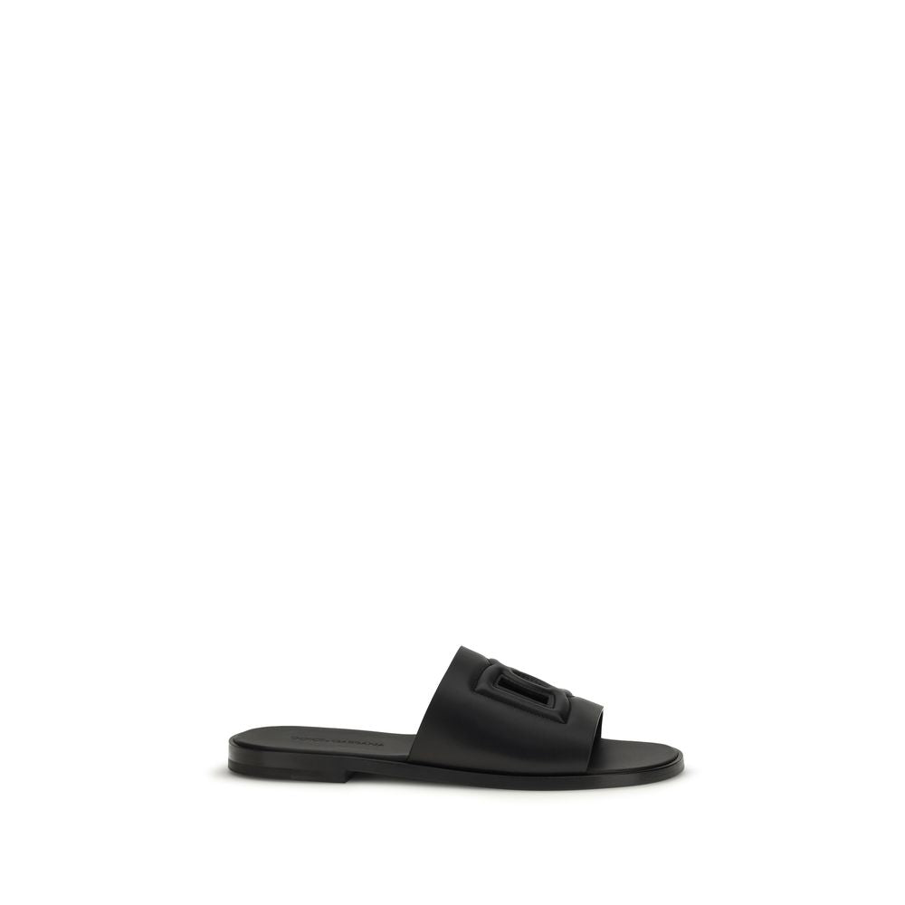 Dolce & Gabbana Embossed Logo Calf Leather Sandals — Black
