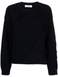 Valentino Floral-Embroidered Cashmere-Wool Sweater — Navy