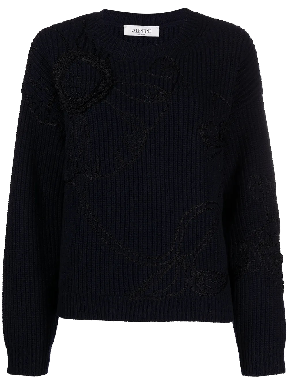 Valentino Floral-Embroidered Cashmere-Wool Sweater — Navy