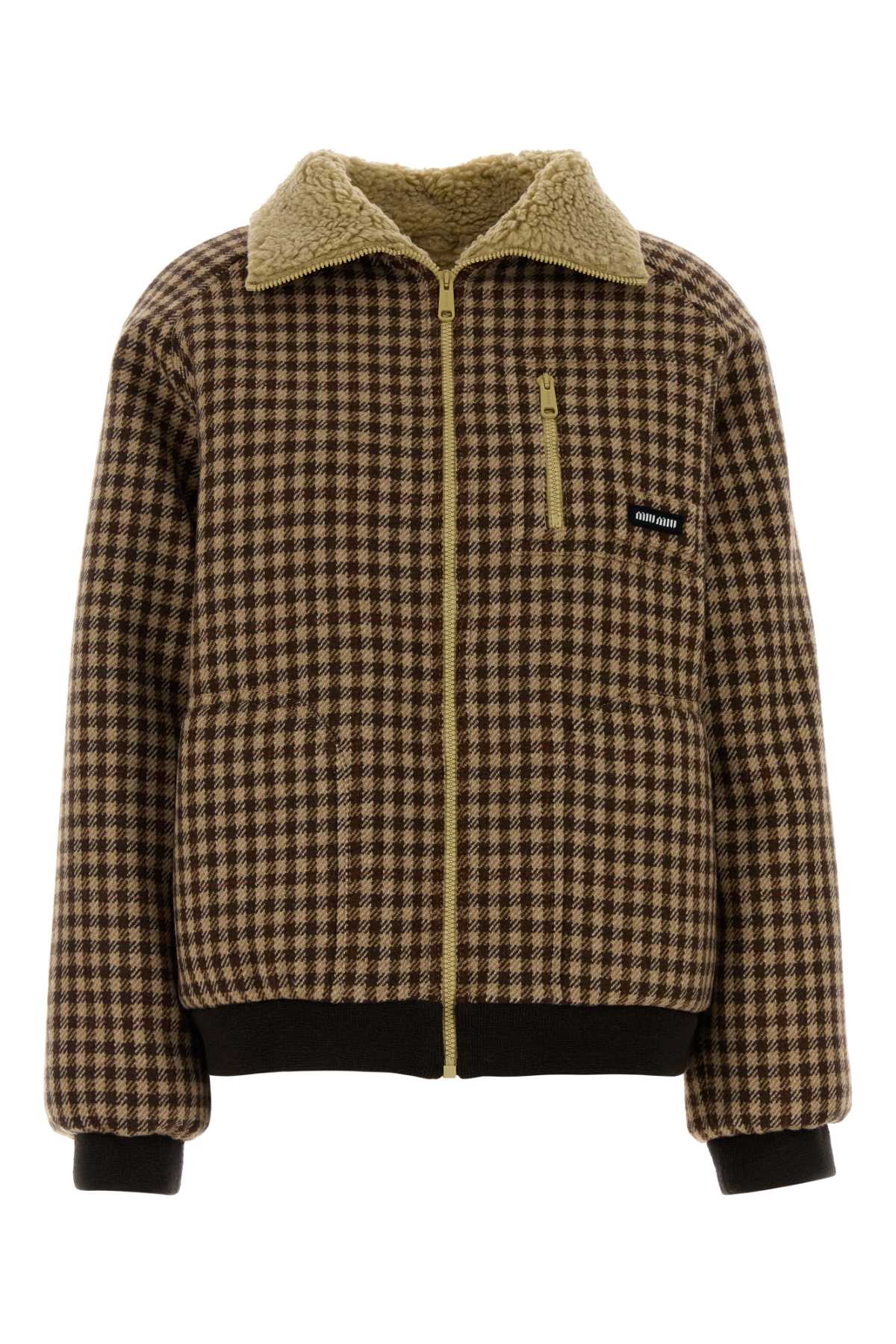 Miu Miu Houndstooth Wool with Sherpa Collar Jacket — Brown