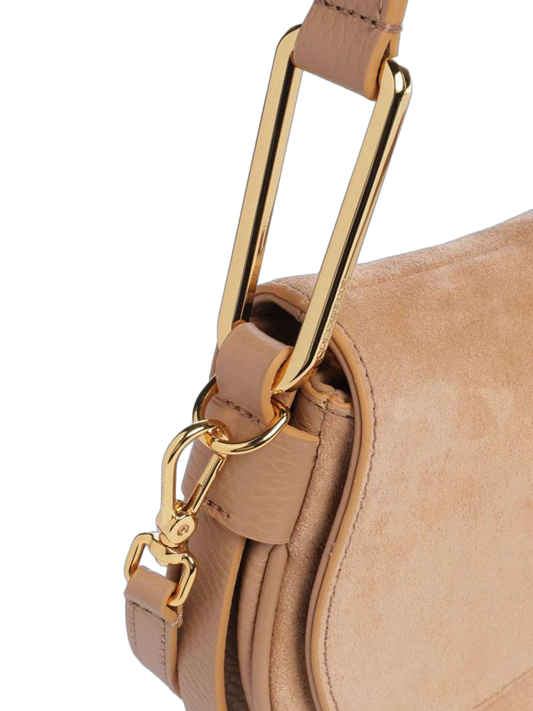 Coccinelle Suede-Trimmed Cowhide Shoulder Bag — Beige