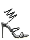 Rene Caovilla Crystal-Studded Satin Heel Sandal — Black