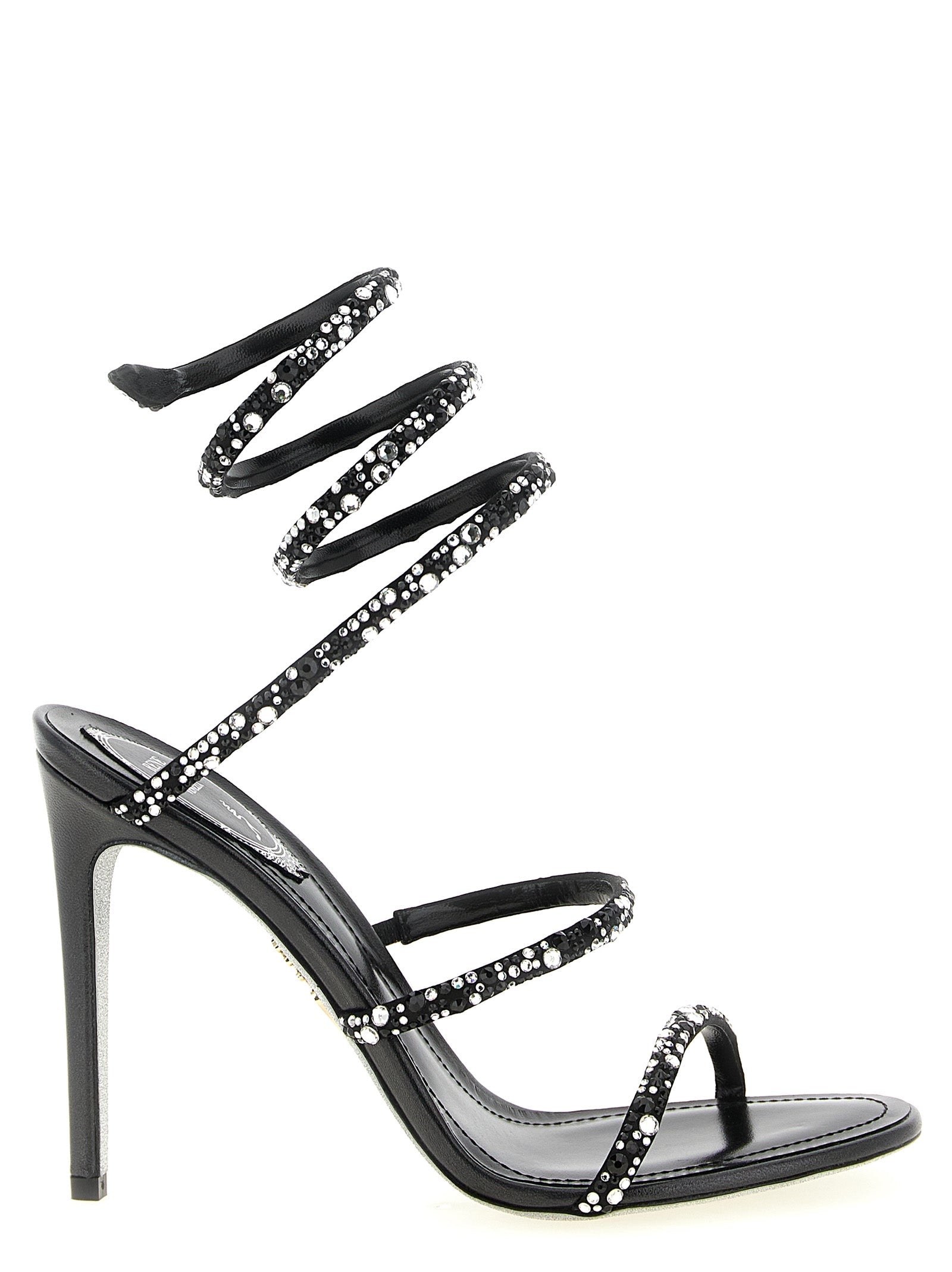 Rene Caovilla Crystal-Studded Satin Heel Sandal — Black