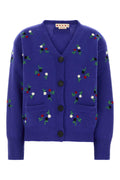 Marni Floral-Embroidered Virgin Wool Cardigan — Blue