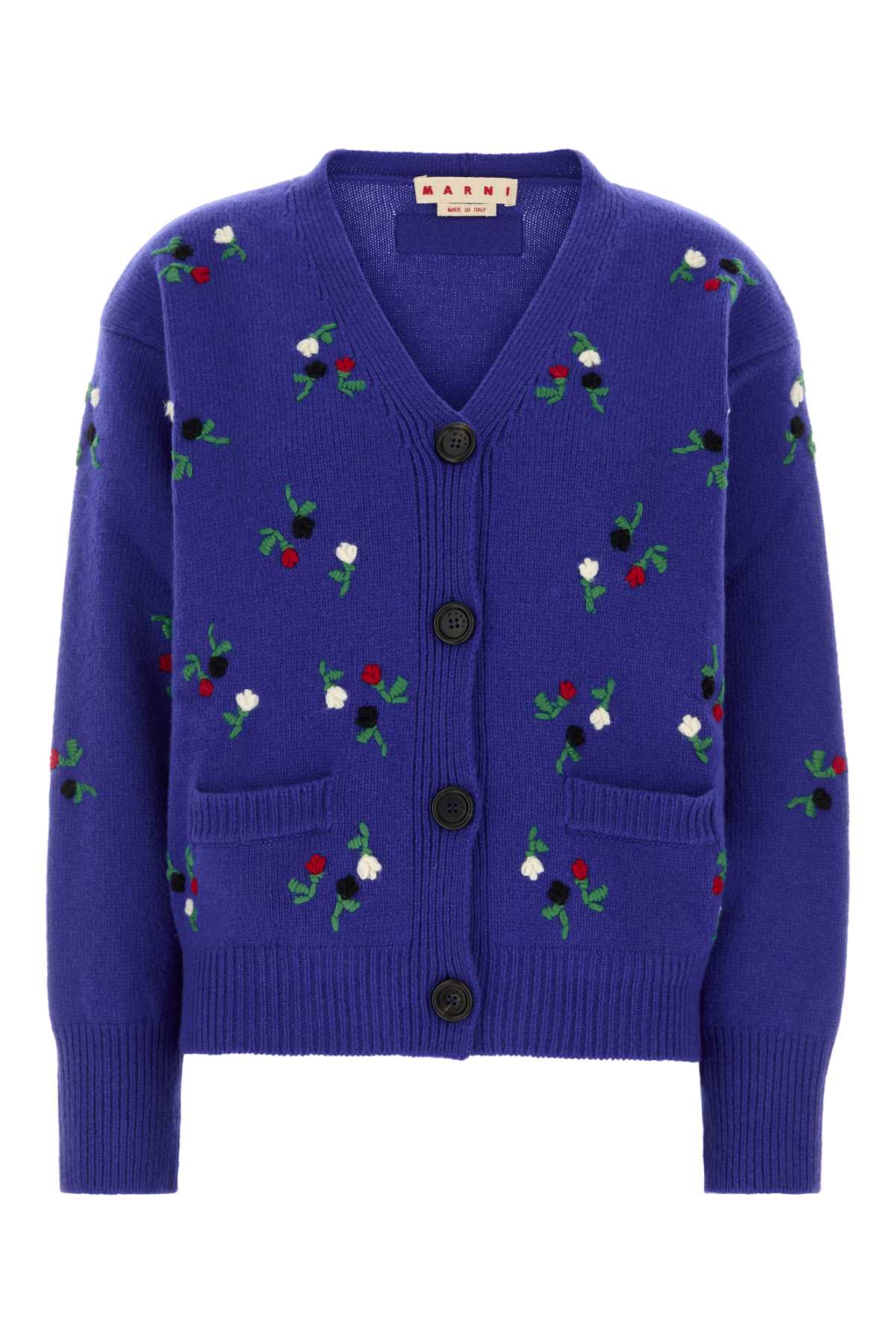 Marni Floral-Embroidered Virgin Wool Cardigan — Blue