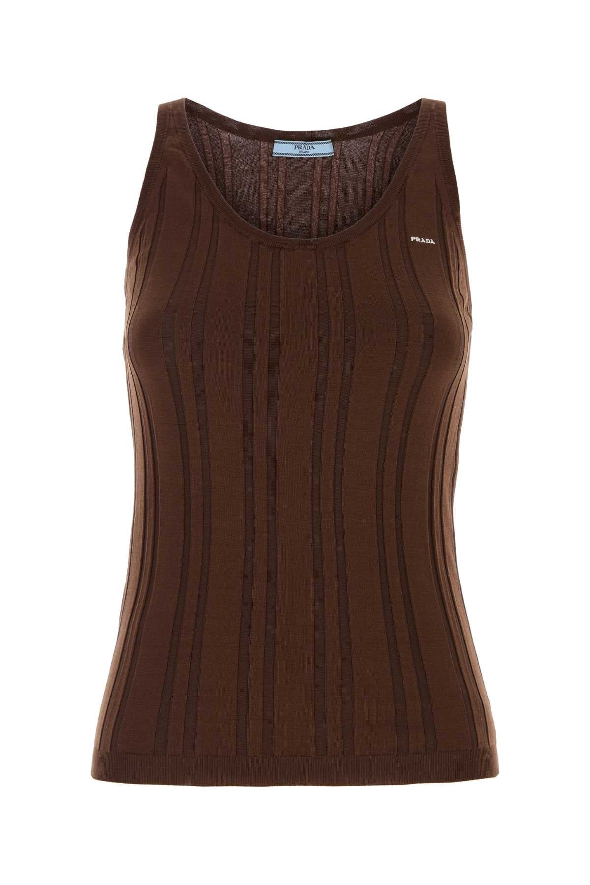 Prada Ribbed Cotton-Nylon Knit Tank Top — Brown