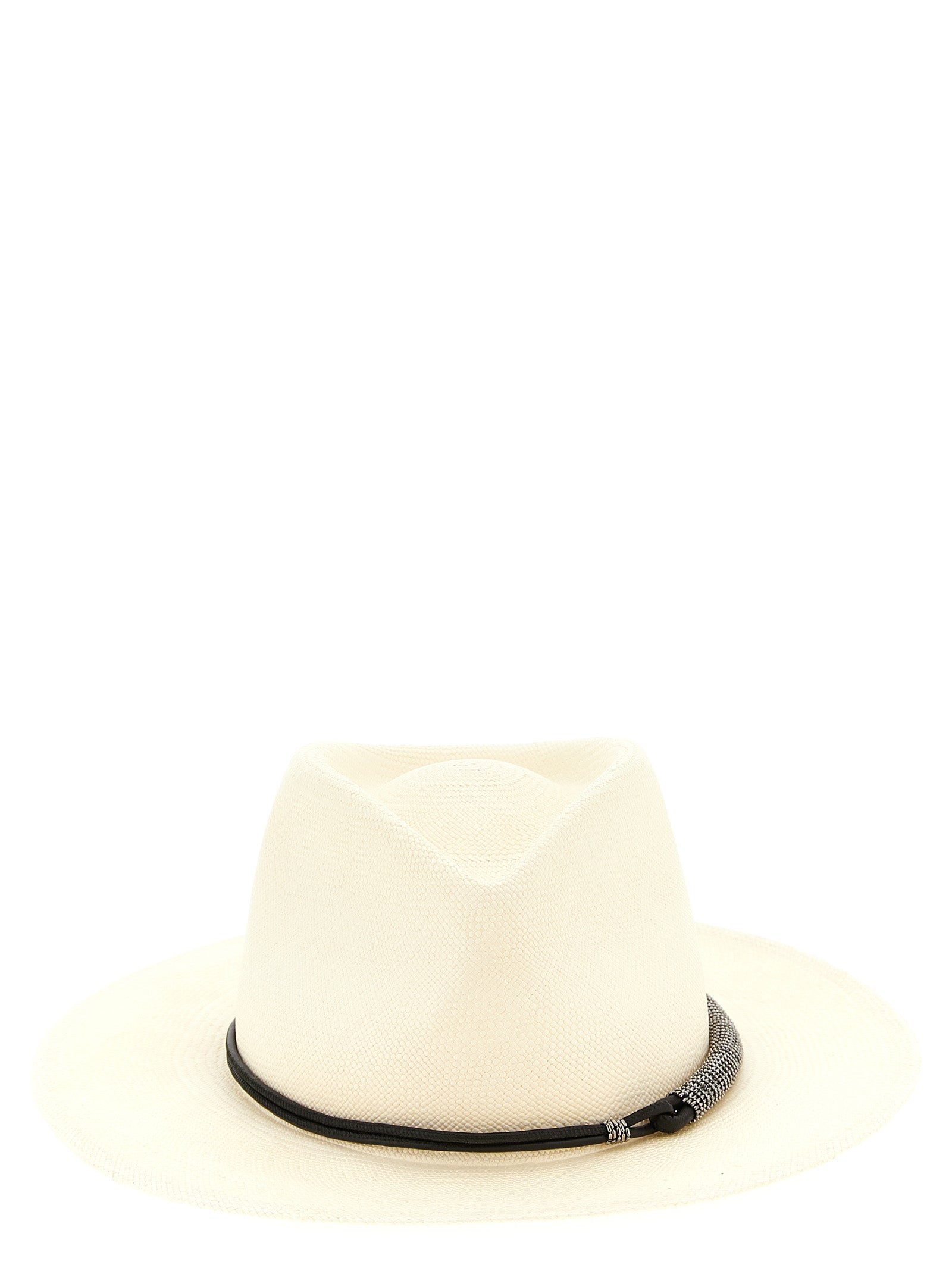 Brunello Cucinelli BR326976BM Leather-Trimmed Woven Fedora — Beige