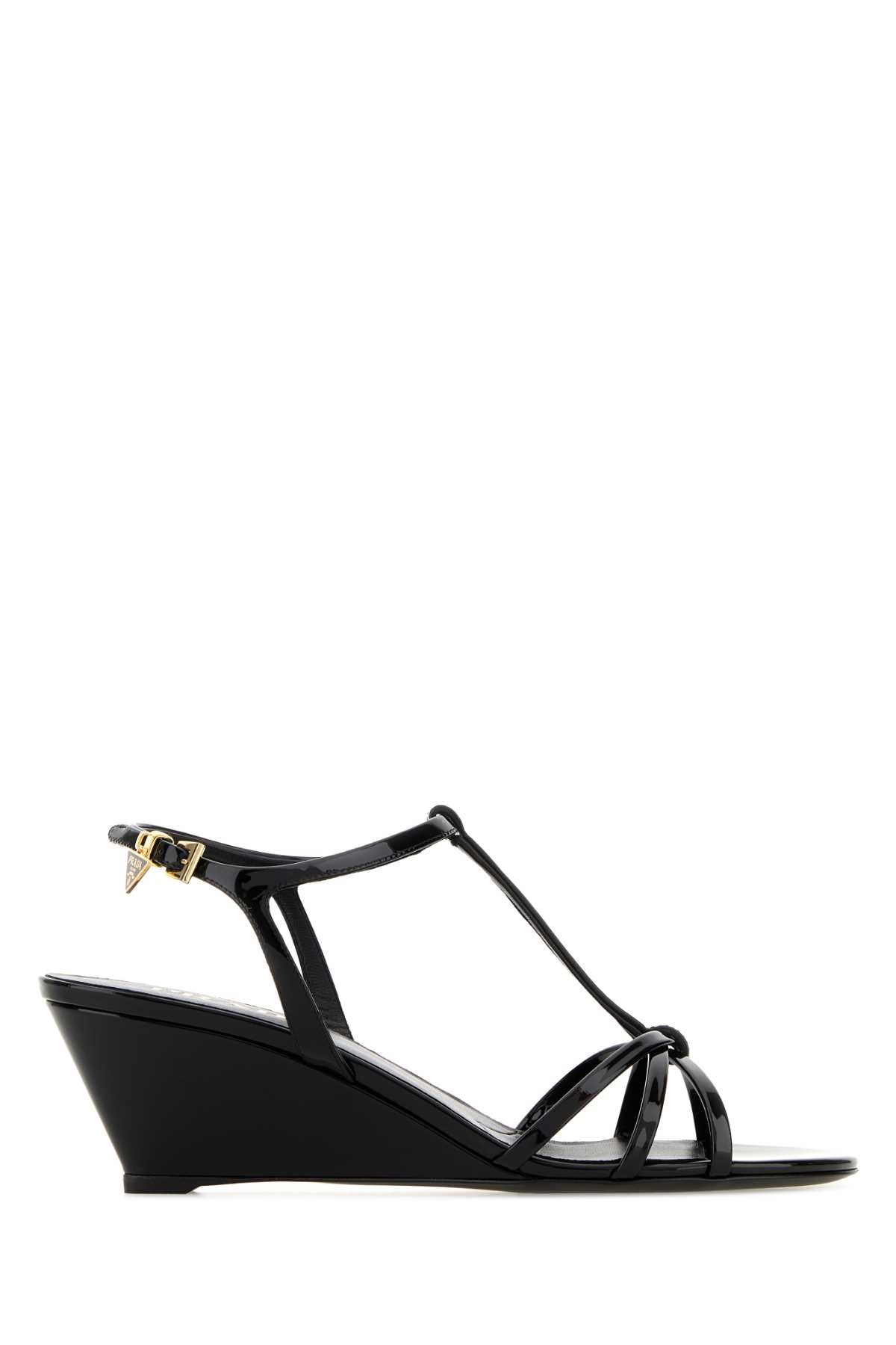 Prada T-Strap Leather Wedge Sandal — Black