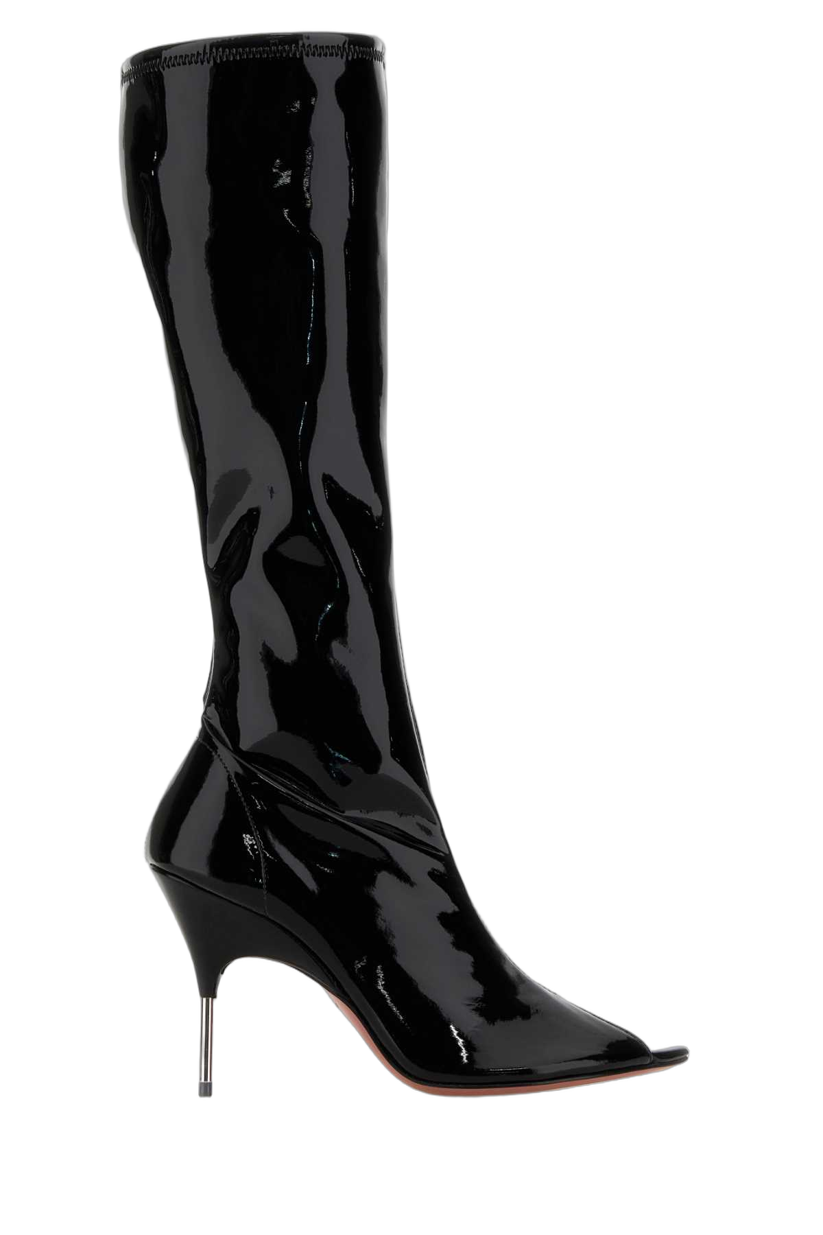 Amina Muaddi Patent Leather Open-Toe Heel — Black