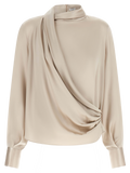 Brunello Cucinelli Asymmetrical Draped Silk Blouse — Beige