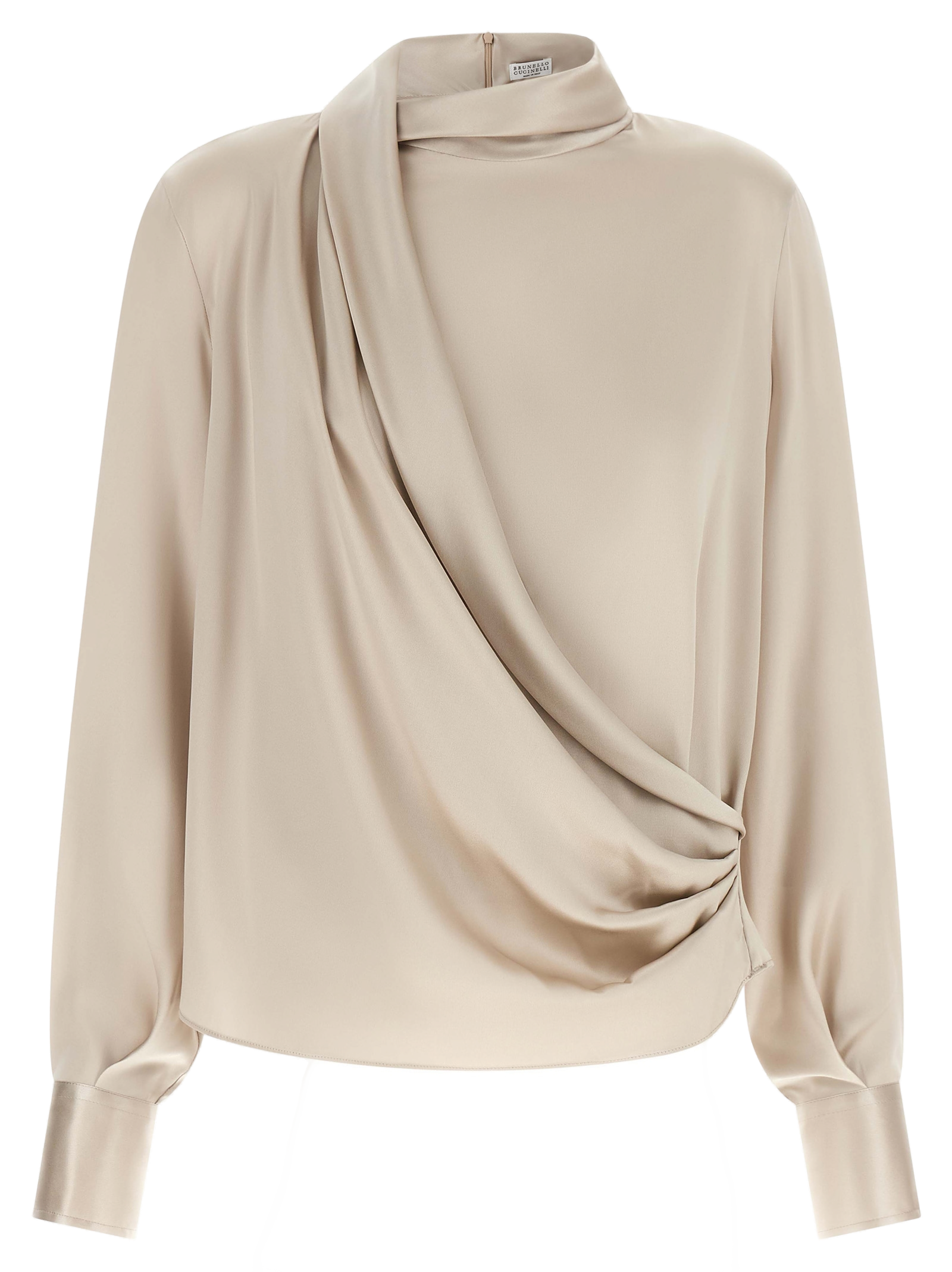 Brunello Cucinelli Asymmetrical Draped Silk Blouse — Beige