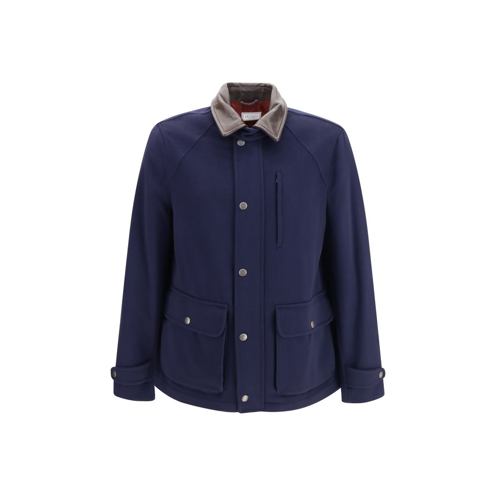 Brunello Cucinelli Virgin Wool with Nappa Collar Jacket — Navy