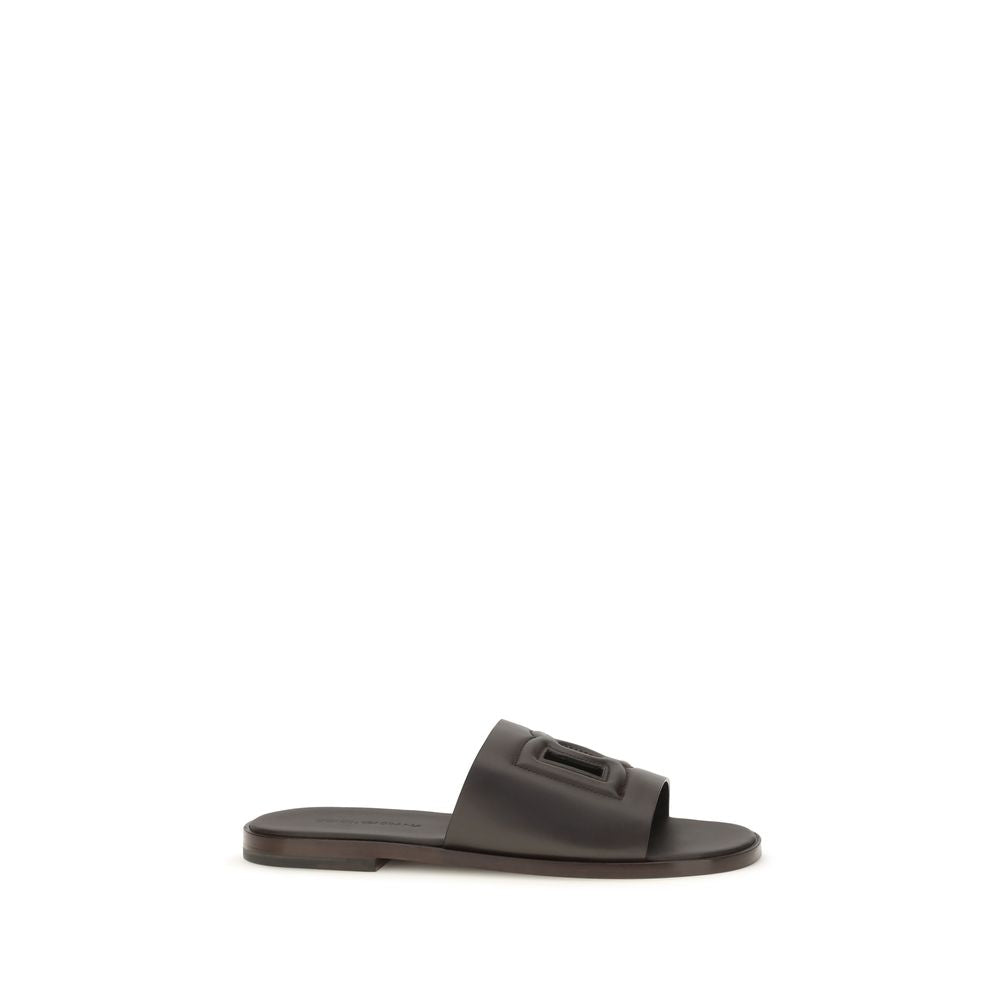 Dolce & Gabbana Embossed-Logo Calf Leather Sandals — Brown
