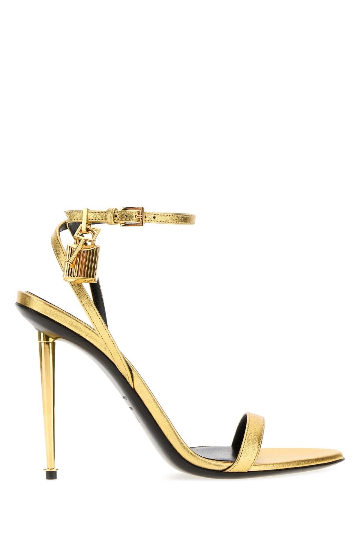 Tom Ford Metallic Leather Ankle-Strap Heel Sandal — Gold