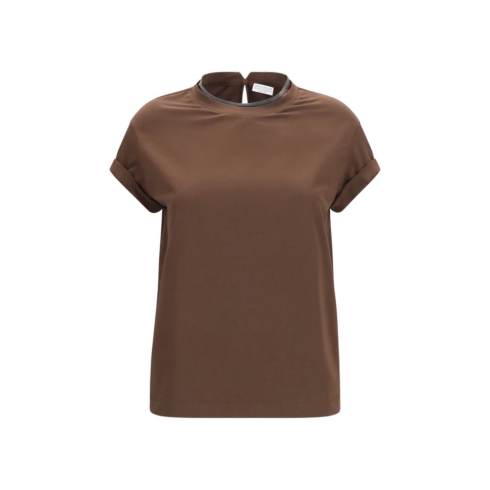 Brunello Cucinelli Monili-Trimmed Cotton T-Shirt — Brown