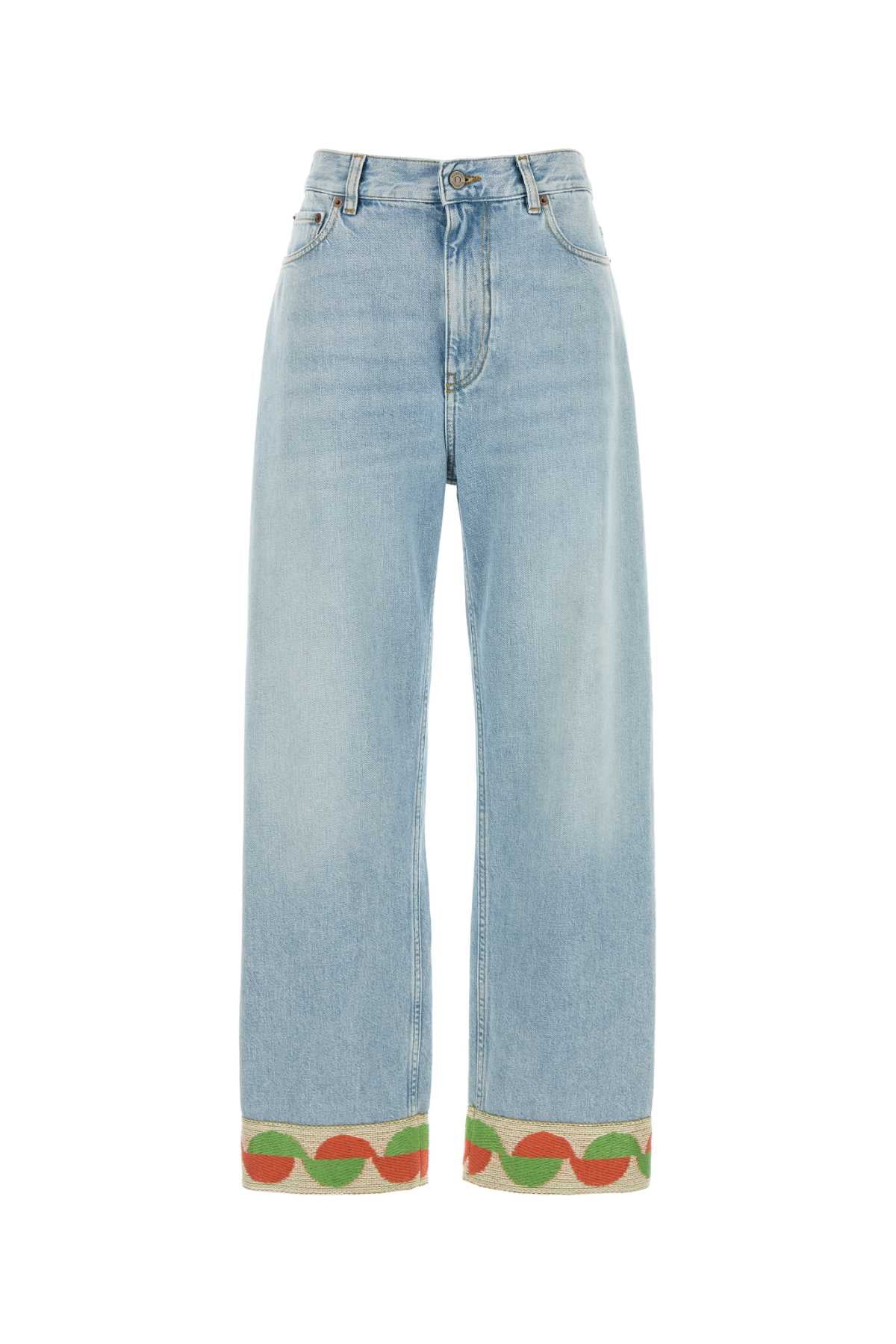 Valentino Garavani Embroidered Hem Cotton Jeans — Blue