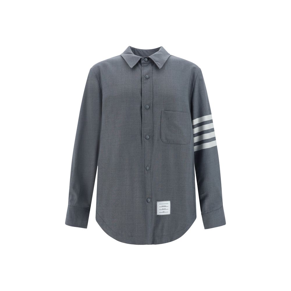 Thom Browne Wool-Cotton Blend with Signature Stripes Shirt — Gray