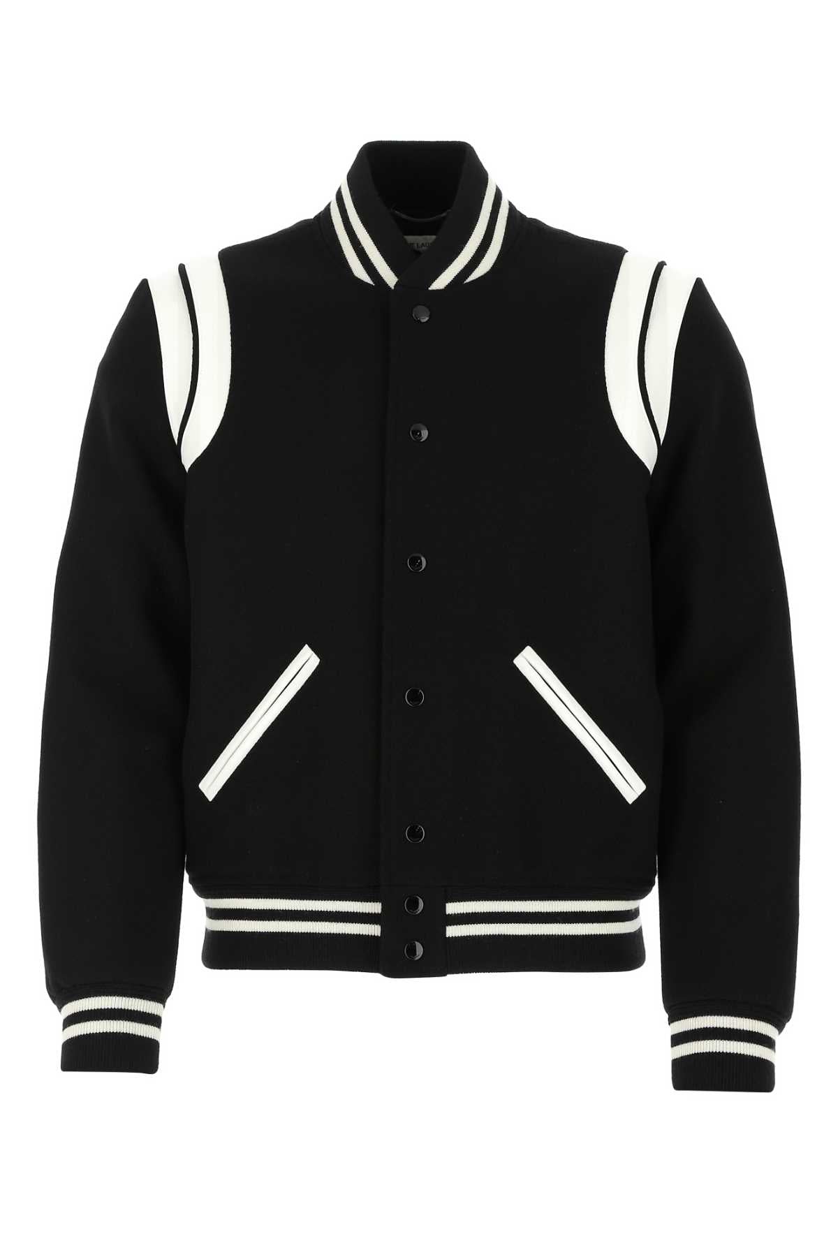 Saint Laurent Striped Wool Varsity Jacket — Black