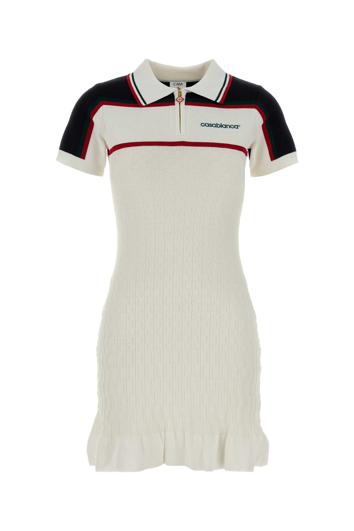 Casablanca Colour-Block Ribbed Polo Dress — White