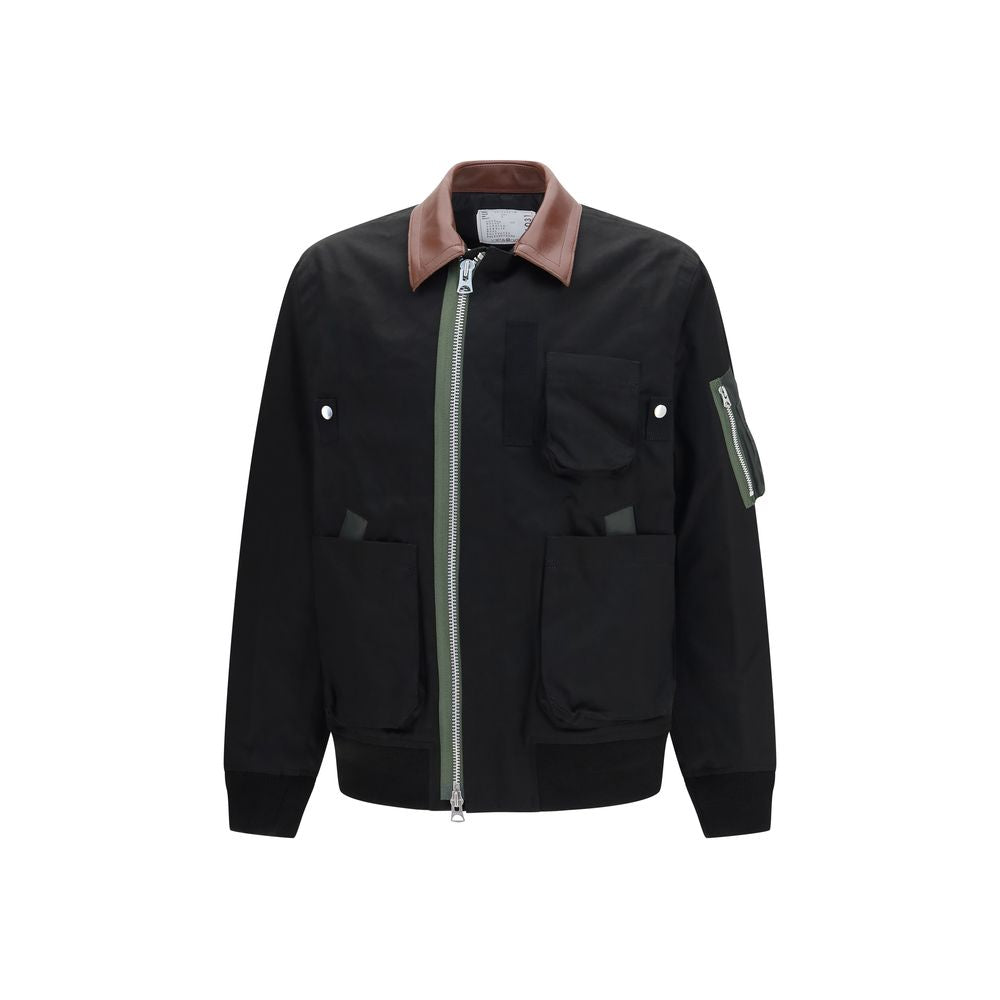 Sacai Leather-Trim Cotton Bomber Jacket — Black