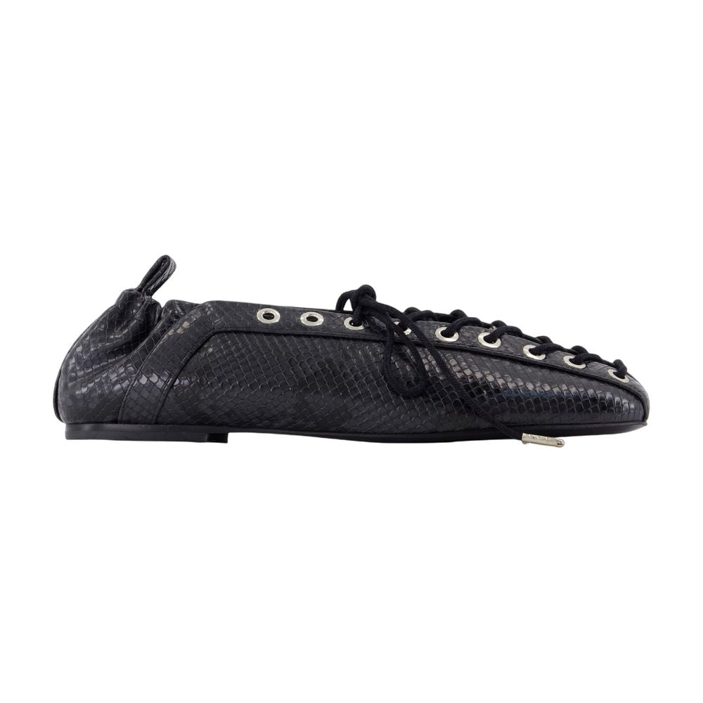 Ganni Python Embossed Lace-Up Ballerina Flat — Black