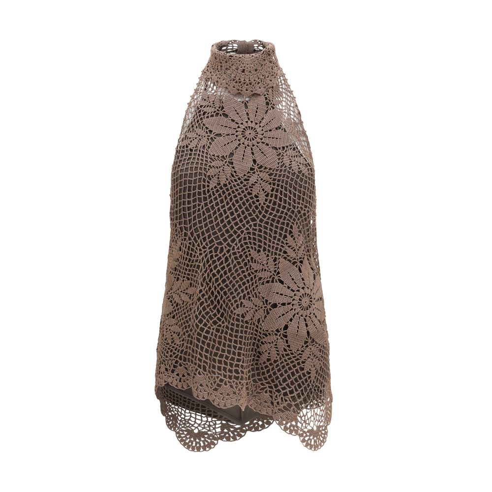 Magda Butrym Crochet Lace High-Neck Blouse — Brown