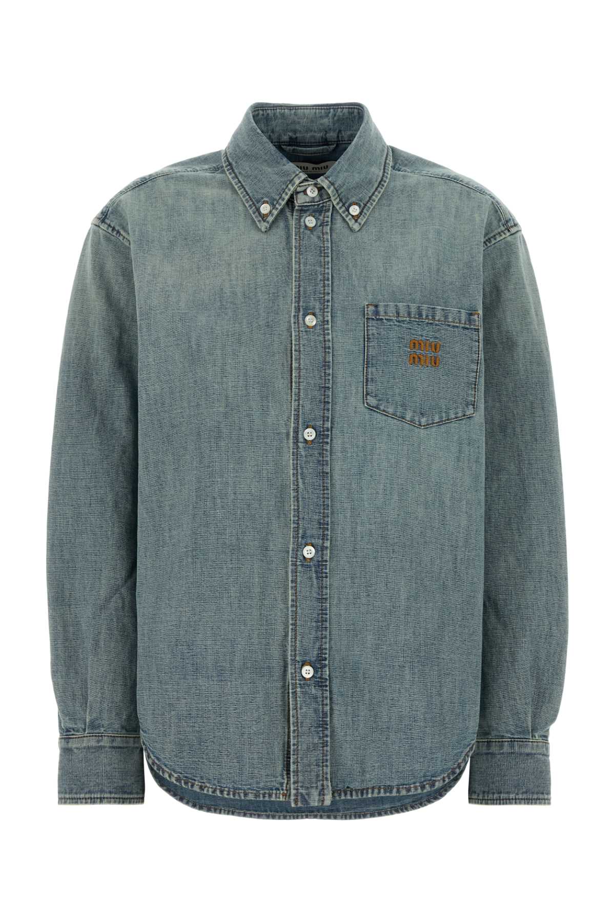 Miu Miu Logo-Embroidered Denim Shirt — Blue