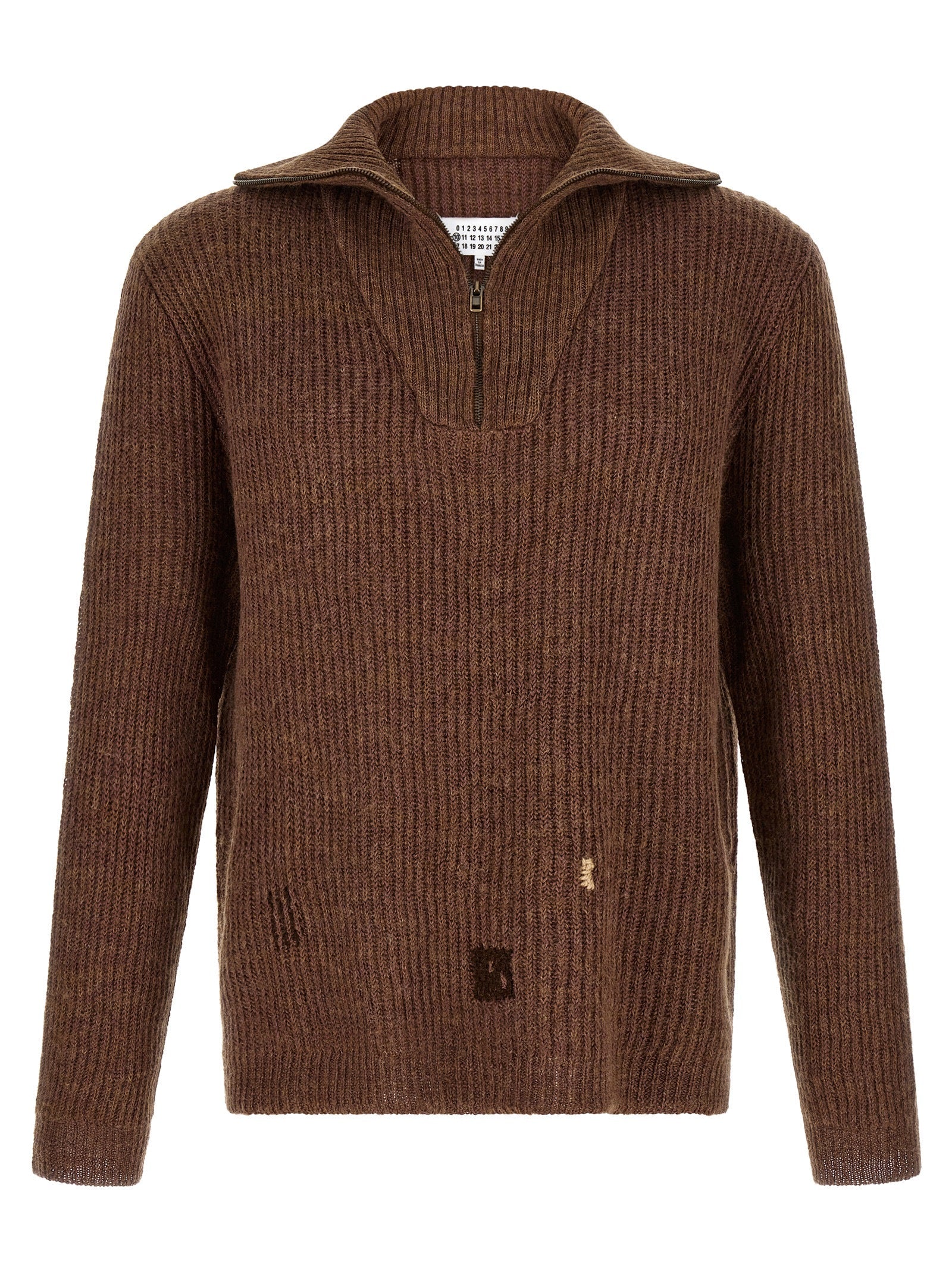 Maison Margiela Linen-Wool Half-Zip Sweater — Brown