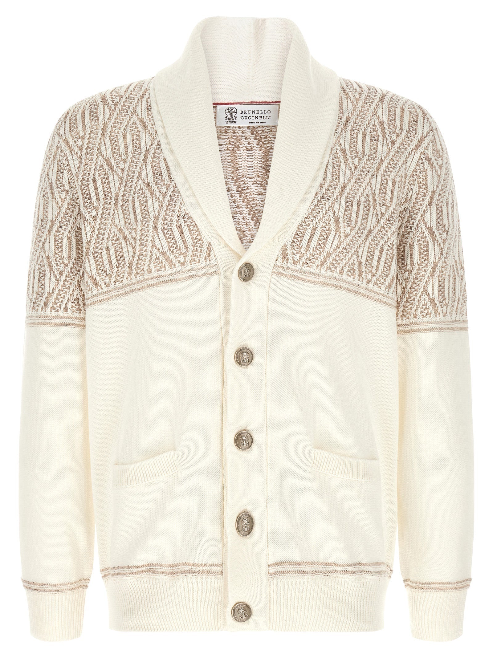 Brunello Cucinelli Jacquard Knit Cotton Cardigan — Beige
