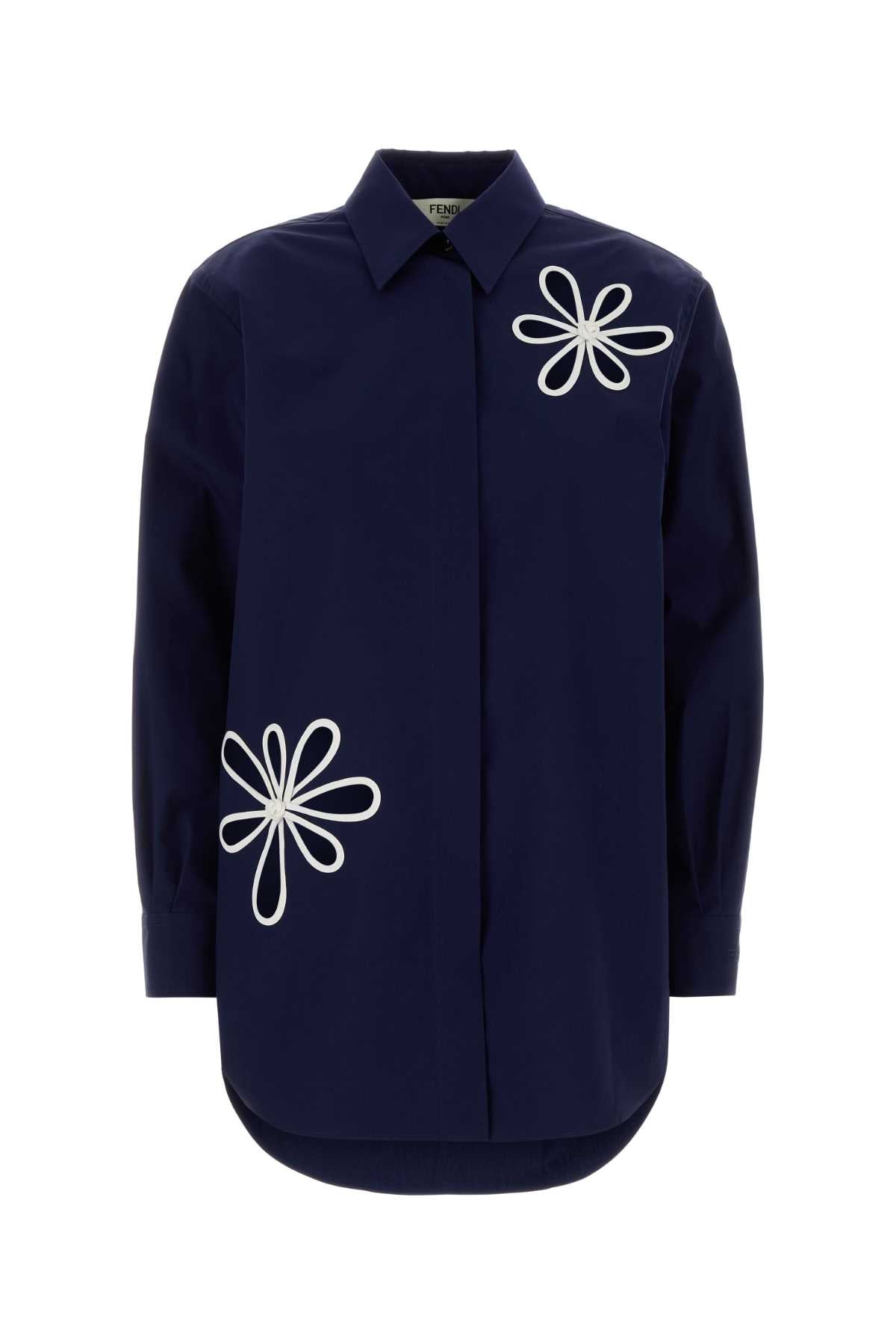 Fendi Floral-Embroidered Cotton Shirt — Navy