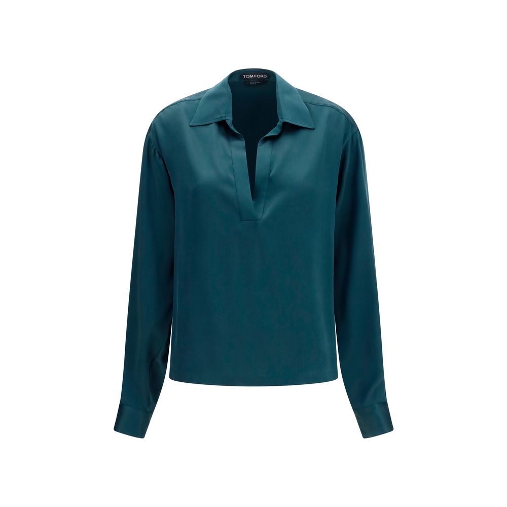 Tom Ford Deep V-Neck Silk Shirt — Blue