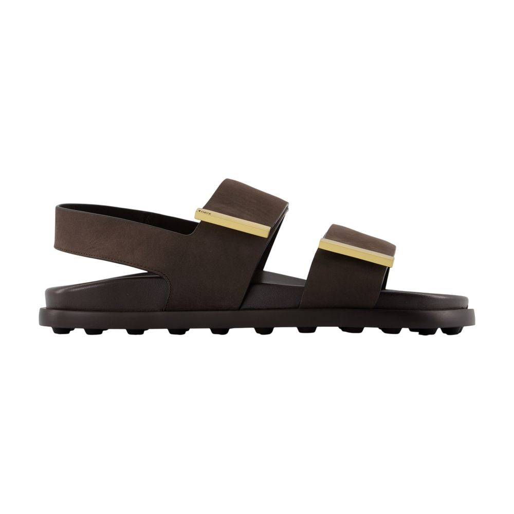 Tod's Calfskin Leather with Gold-Tone Detailing Sandals — Brown