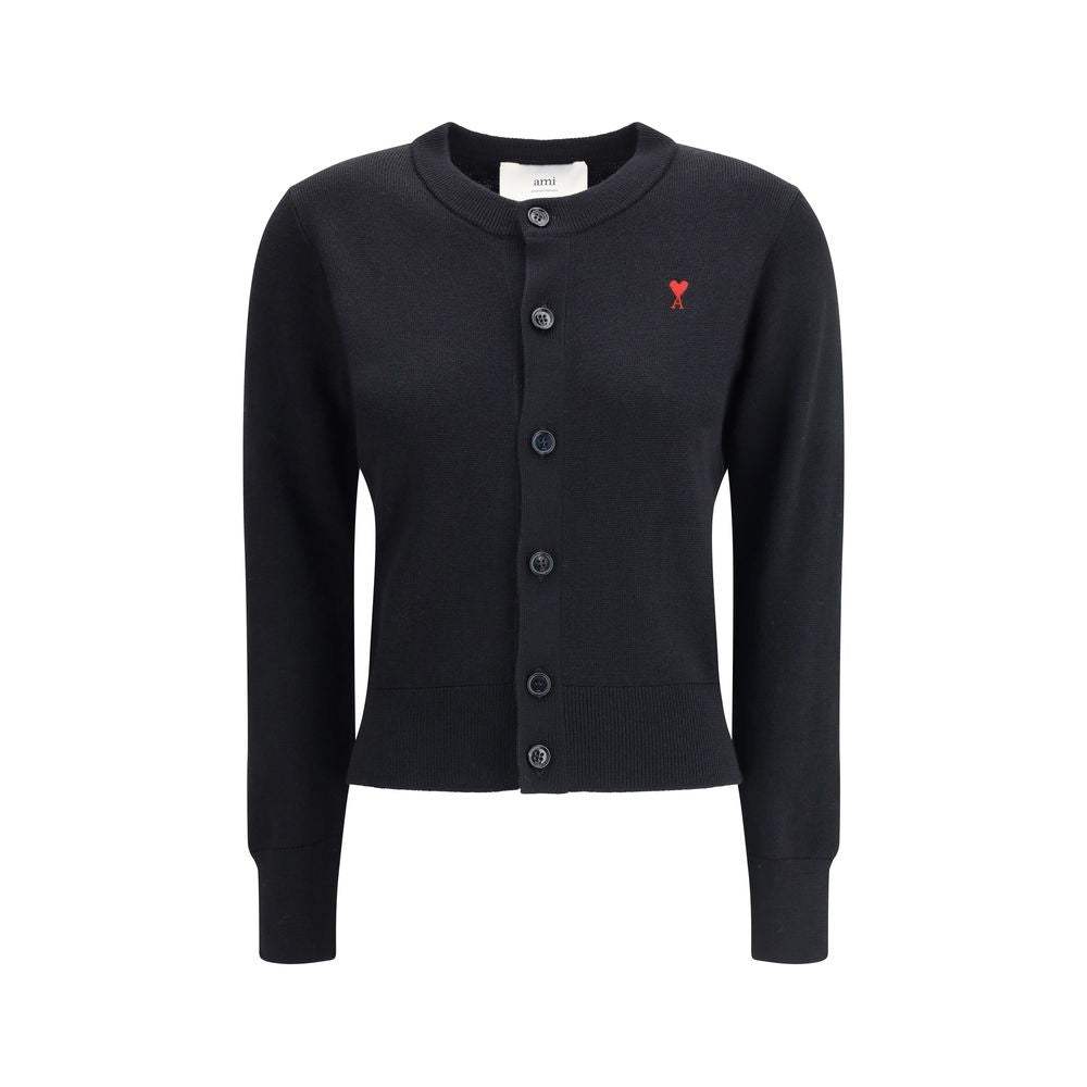 AMI Paris Logo-Embroidered Merino Wool Cardigan — Black