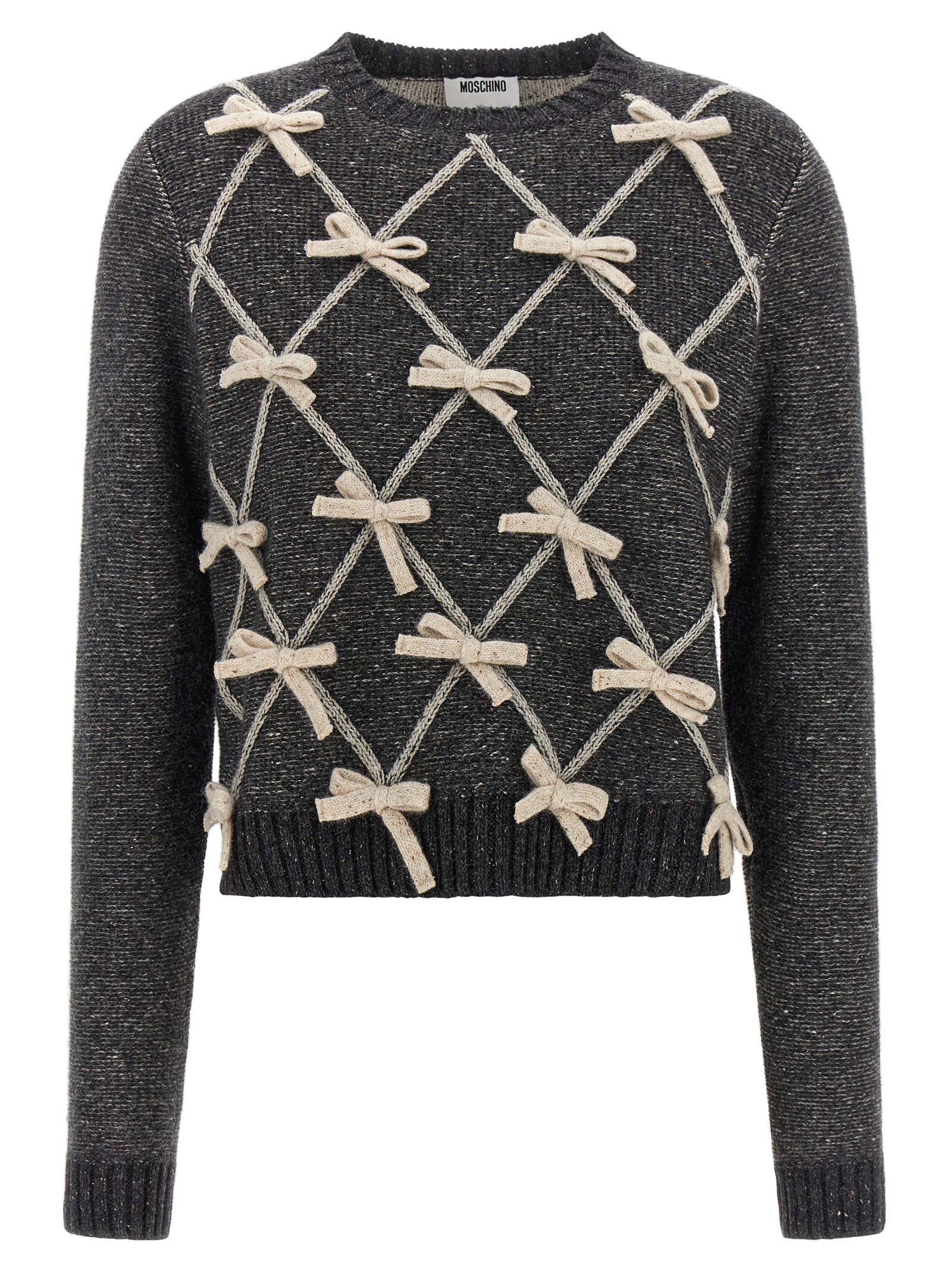 Moschino Bow-Embellished Diamond Knit Sweater — Gray