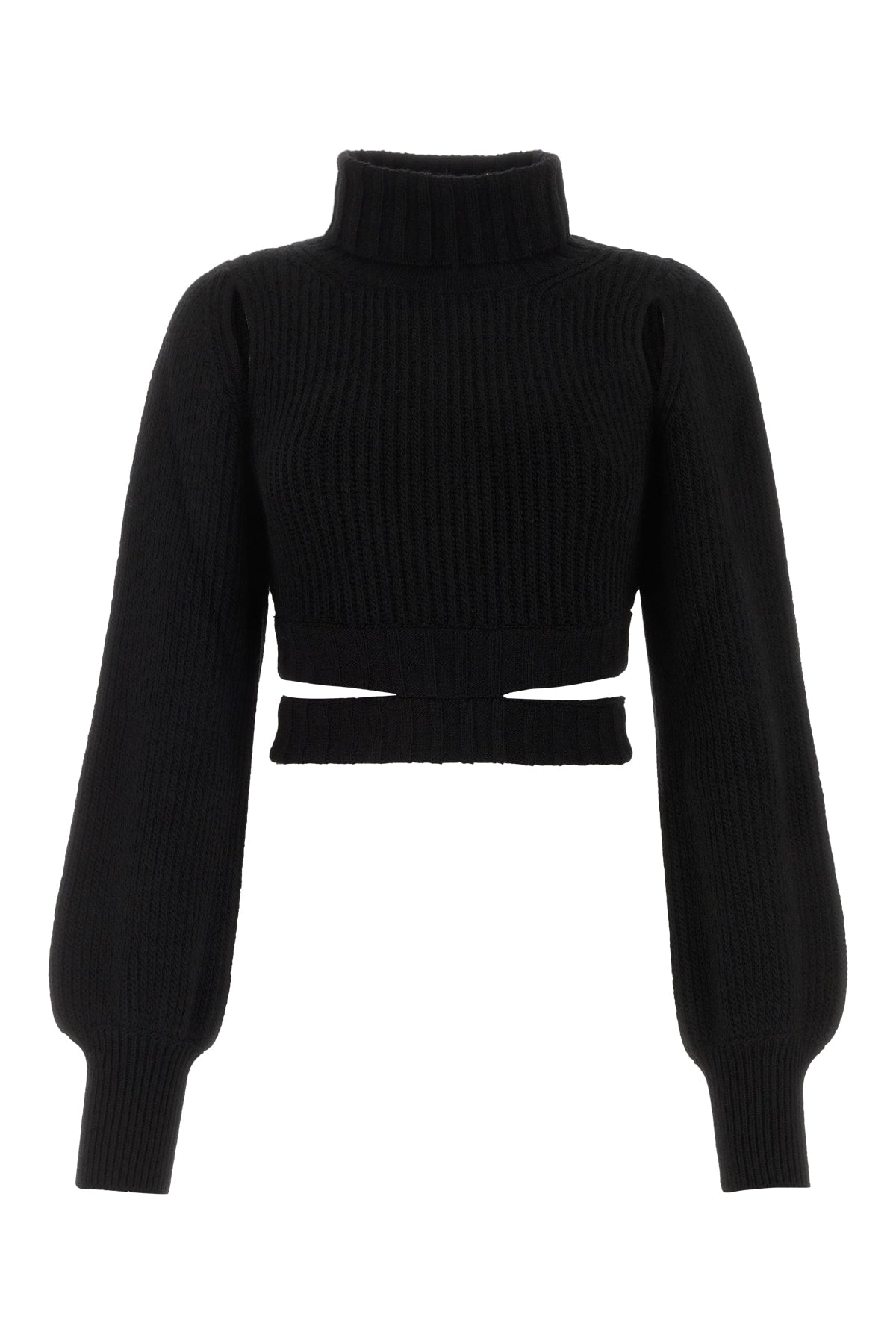 Andrea Adamo Ribbed Wool-Acrylic Turtleneck Sweater — Black
