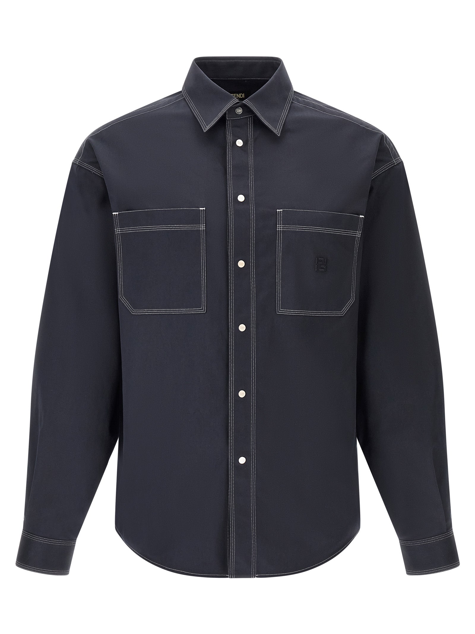 Fendi Cotton Overshirt with Contrast Stitching Shirt — Navy