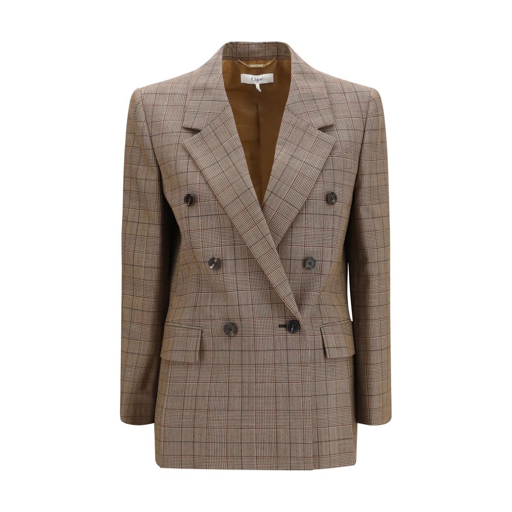 Chloé Checked Double-Breasted Wool Blazer — Beige