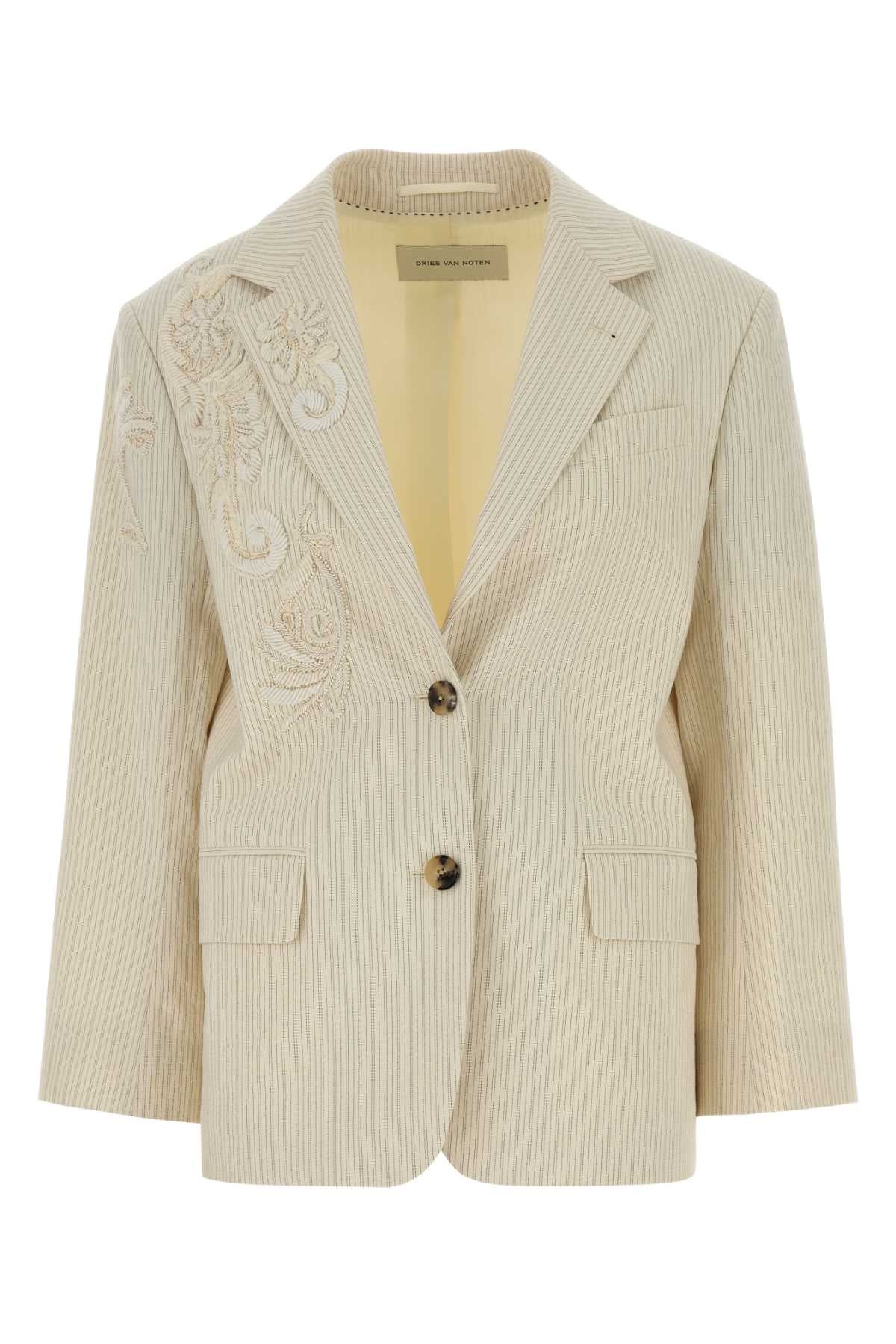 Dries Van Noten Embroidered Pinstripe Blazer — Beige