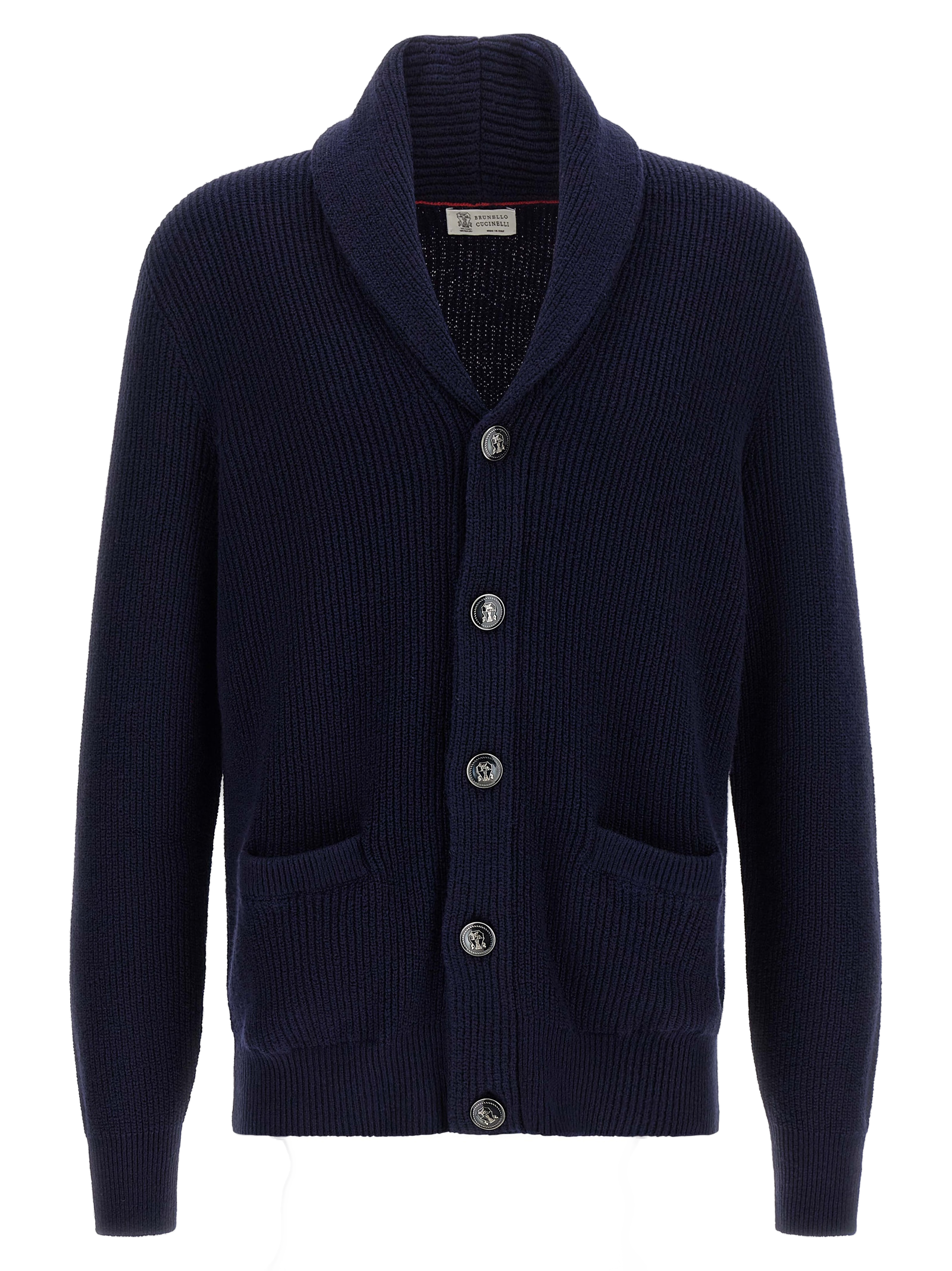 Brunello Cucinelli Ribbed Cotton Shawl-Neck Cardigan — Navy