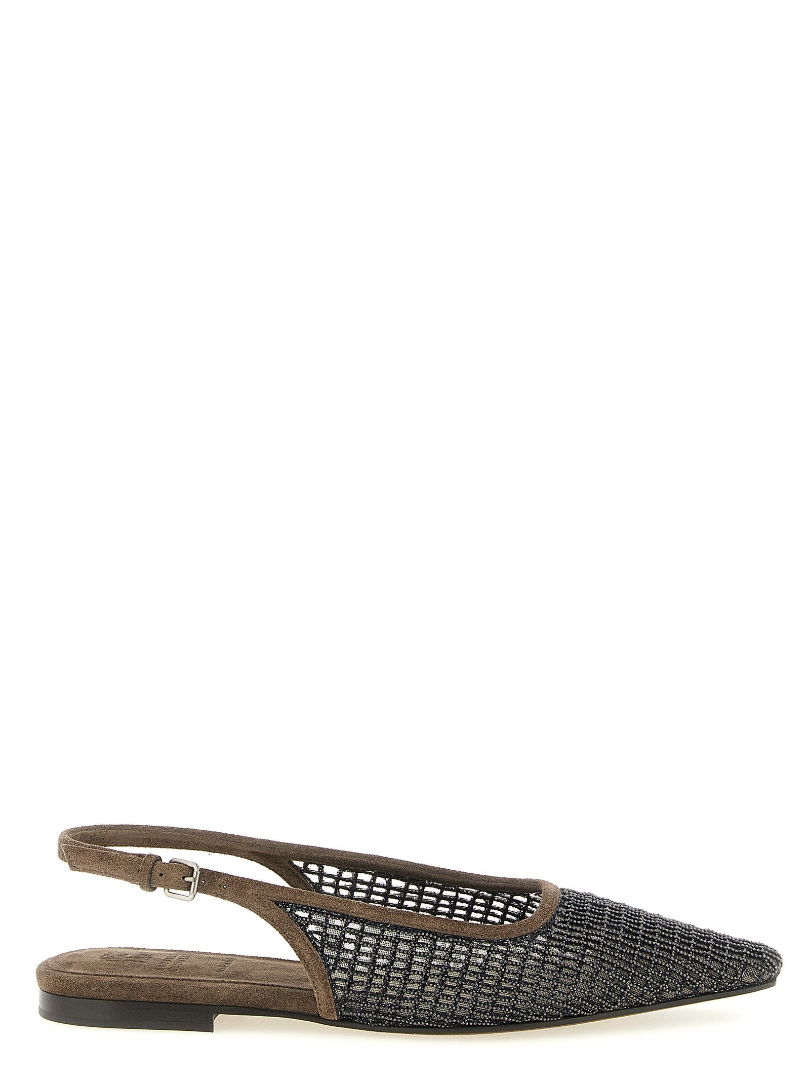 Brunello Cucinelli Mesh Embroidered Calfskin Flat — Brown