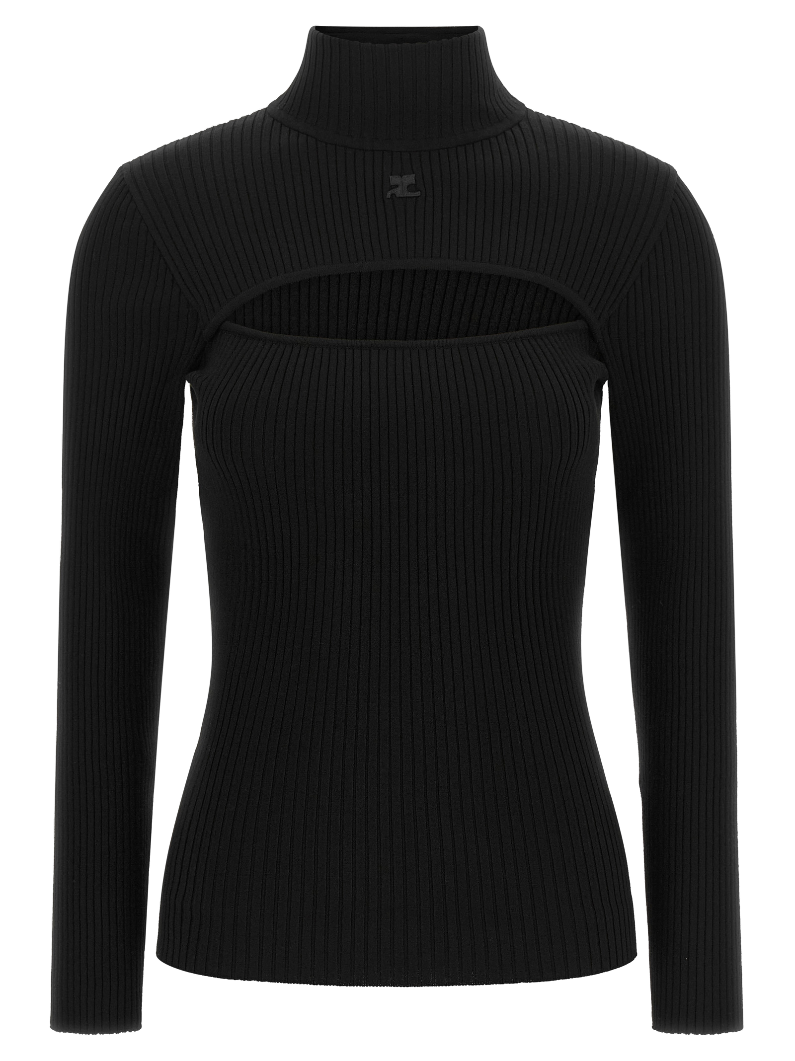 CourrèGes Ribbed Viscose with Cut-Out Sweater — Black